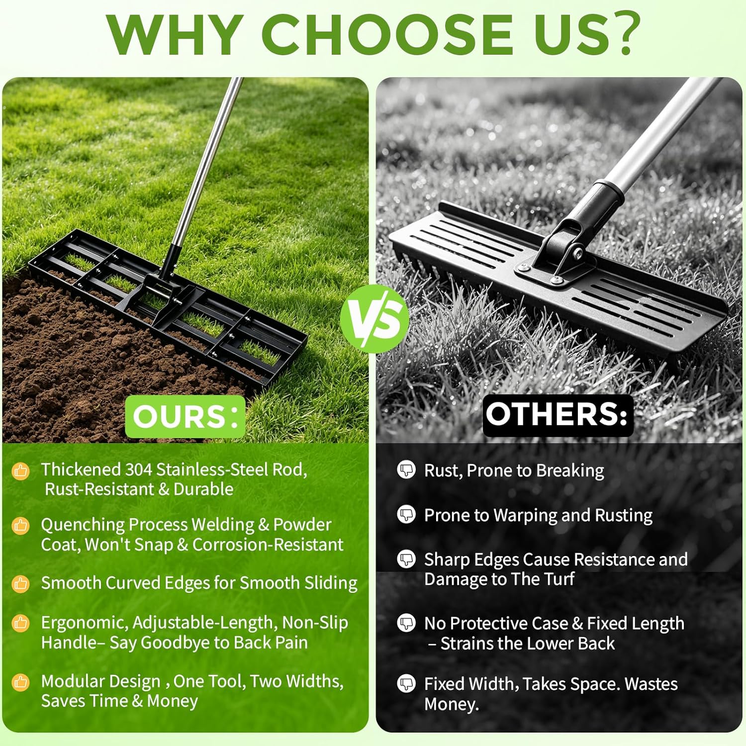 Lawn Leveling Rake for Soil, 17"-30" Modular Interlocking Stainless Steel Lawn Leveler, 78"Adjustable Handle Yard Leveling Rake, Anti-Flip Ground Leveler for Yard, Sand, Topdressing, Golf Course, Farm