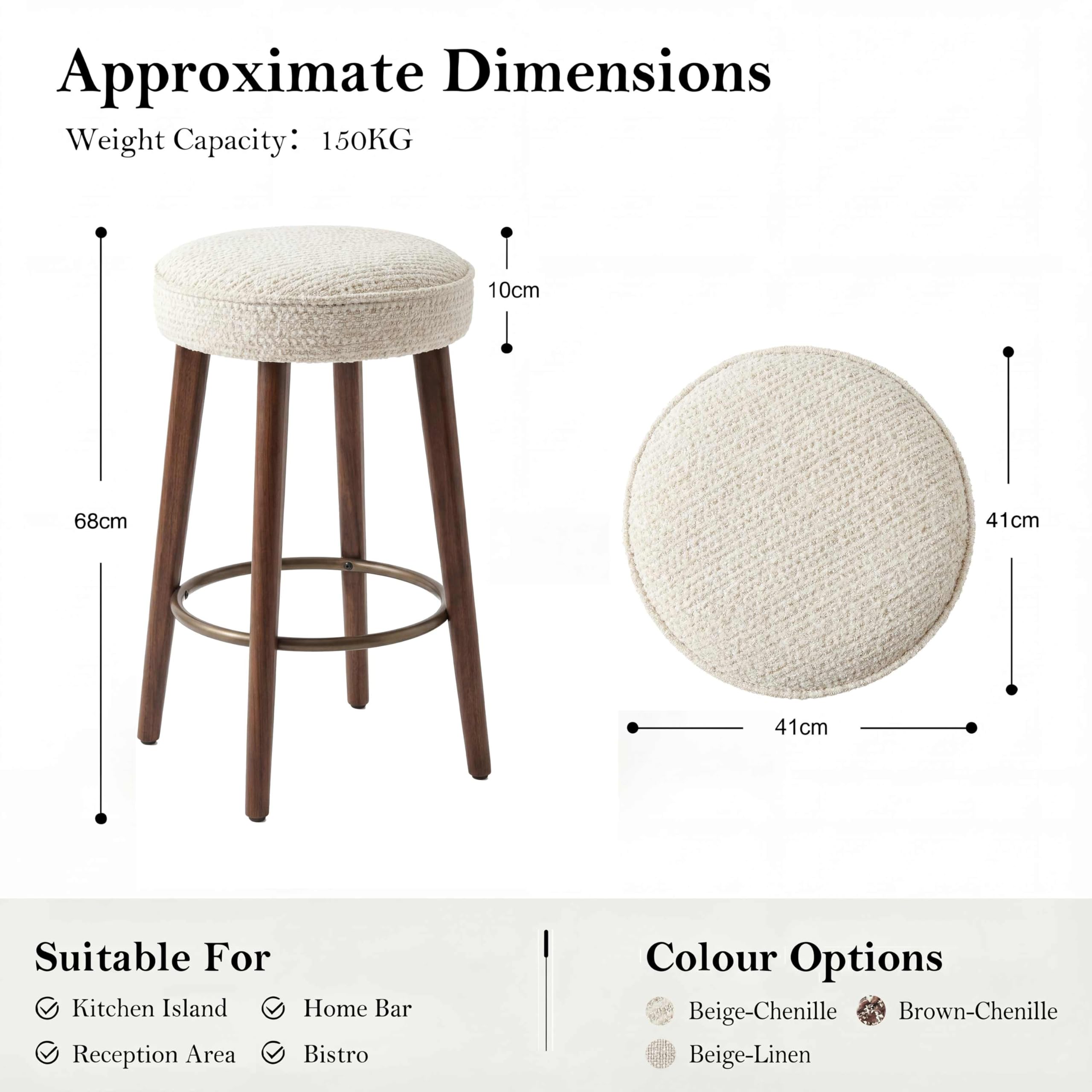 Set of 2 Chenille Bar Stools, 68cm Counter Height Upholstered Kitchen Bar Chairs with Solid Wood Legs, Modern Kitchen Island Stools for Breakfast Counter, Dining Room, Home Bar, Beige — view 2