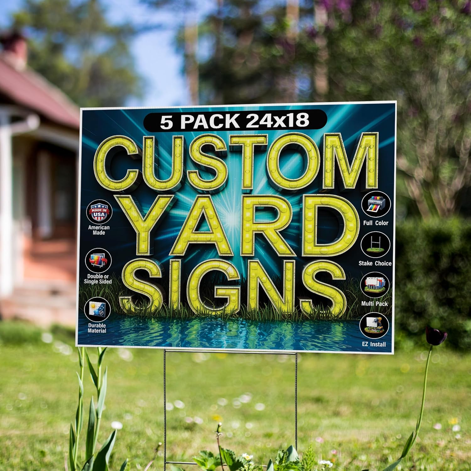5 Pack of 24x18 inch Custom Yard Signs, Double and Single Sided Print, Metal H-Stakes, Durable 4mm Coroplast, Personalized Full Color Printing