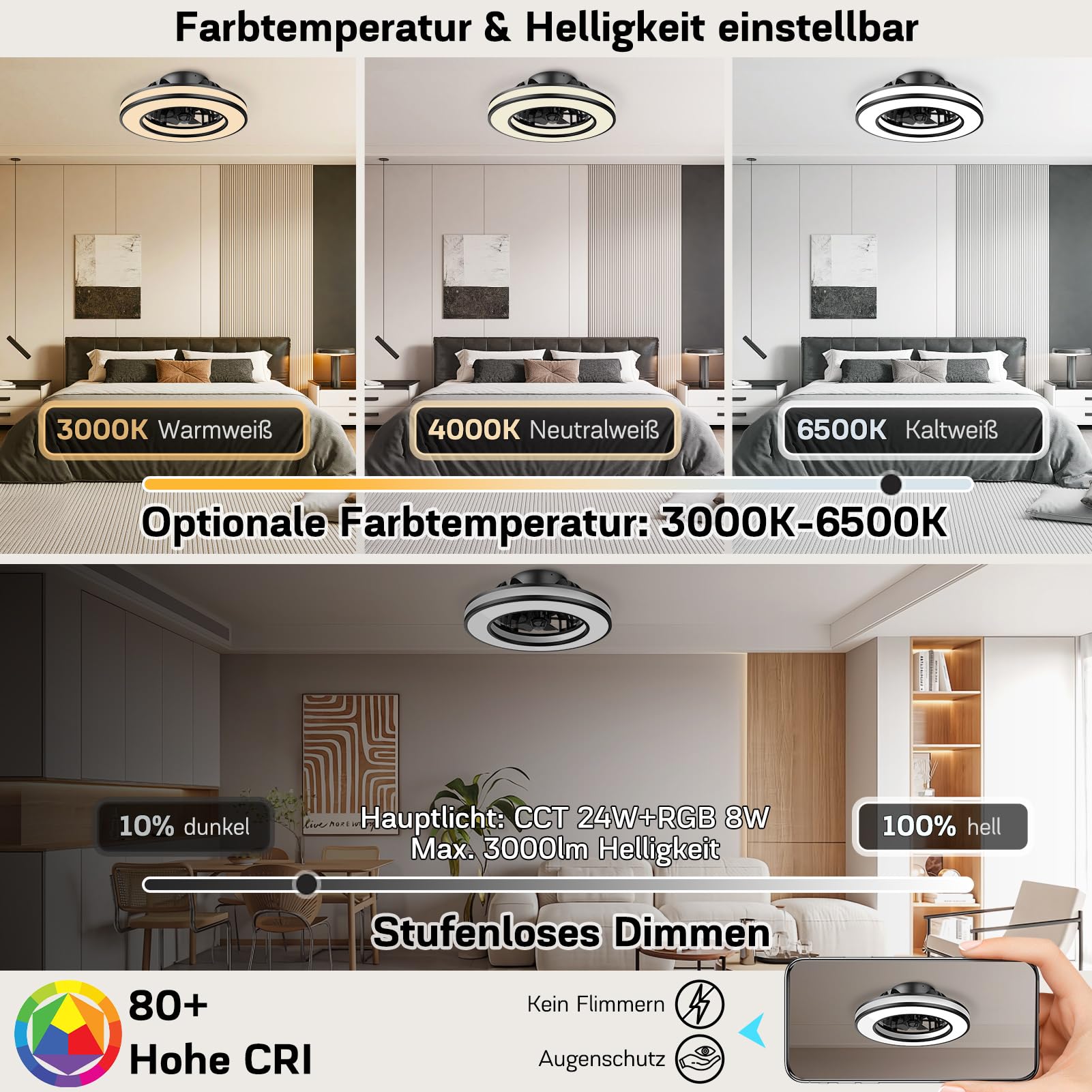 Nigecue 50W Deckenventilator mit Beleuchtung, Ø42CM, Fernbedienung, 3000K-6500K, RGB, 6 Windstufen, Timer, 3200lm