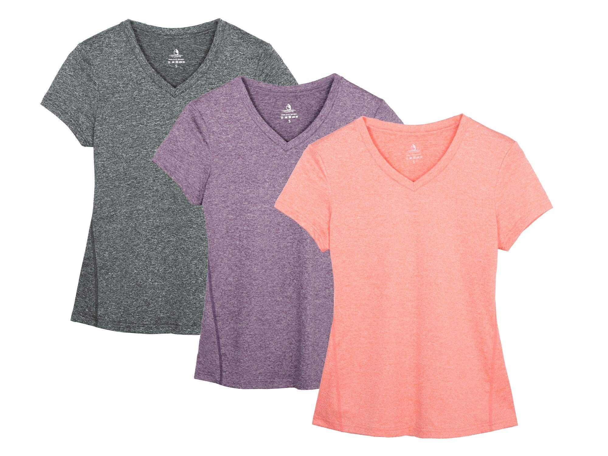 icyzone T-Shirts de Sport Femme à Manche Courtes Tops et Col en V Fitness Yoga Tee Shirt, Lot de 3