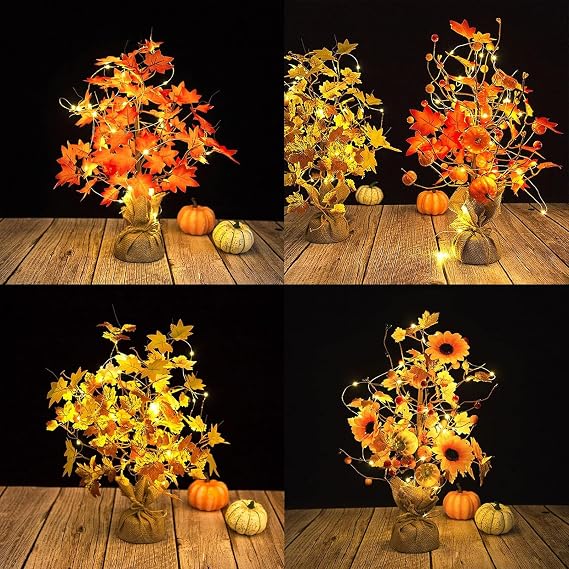 Artificial Fall Lighted Maple Tree, 18 Inch Thanksgiving Tabletop Lighted Tree Battery Operated Tabletop Autumn Tree Table Decoration Lights for Autumn, Thanksgiving, Holiday Decorations (3)