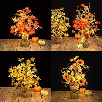 Artificial Fall Lighted Maple Tree, 18 Inch Thanksgiving Tabletop Lighted Tree Battery Operated Tabletop Autumn Tree Table Decoration Lights for Autumn, Thanksgiving, Holiday Decorations (3)