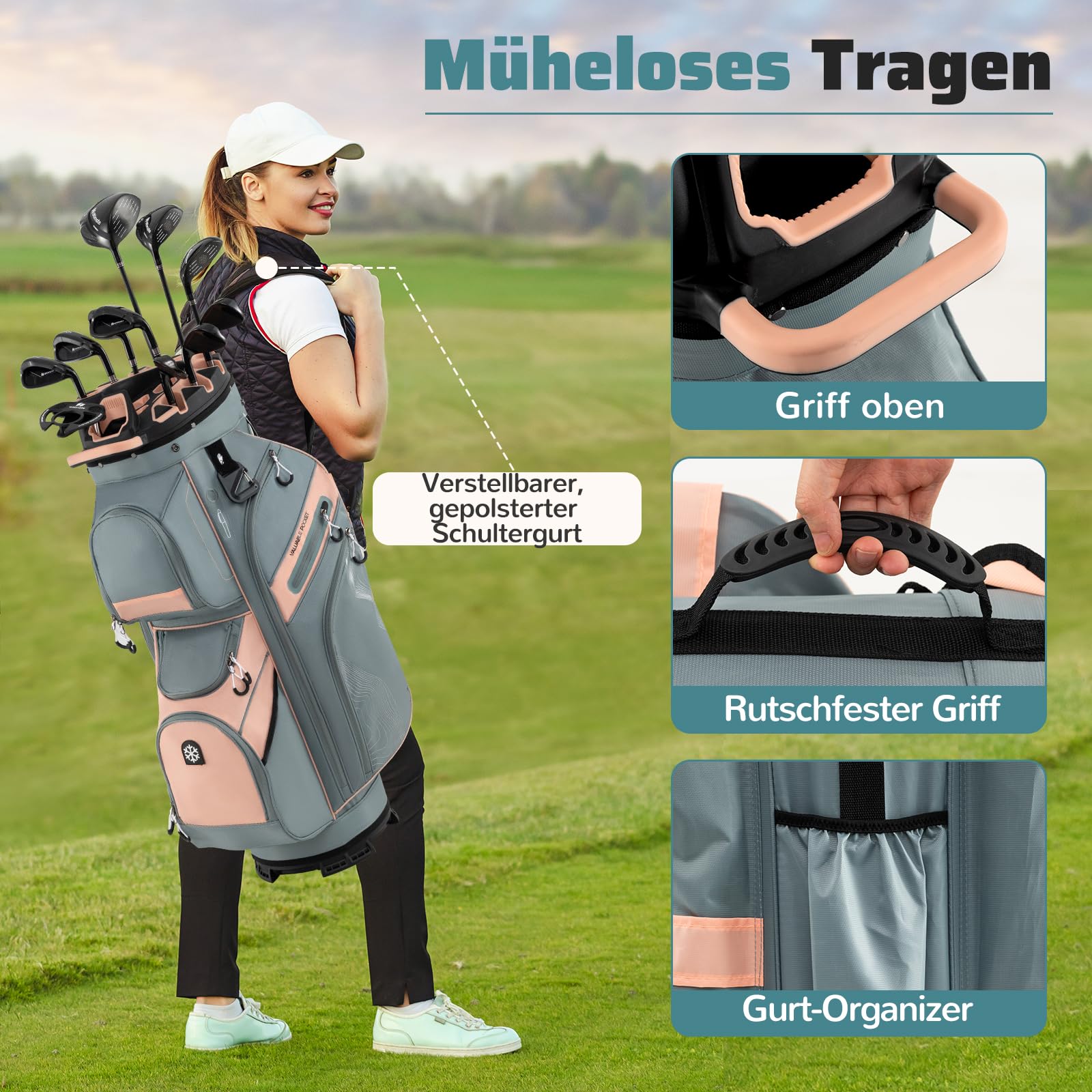 GYMAX Golftasche, tragbare Golf Cartbag mit 14 Fächern & 11 Taschen, Golfreisetasche mit Schultergurt & Schirmhalter, Standbag für Herren & Damen