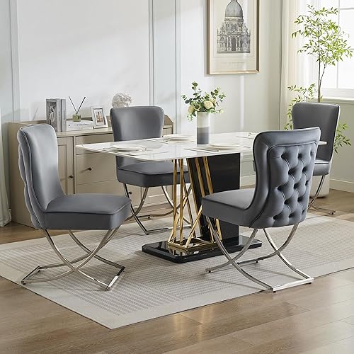 Miniatura 6 de Sillas de comedor de terciopelo de lujo, sillas de comedor tapizadas sin brazos con patas en X de metal plateado, juego de 2 sillas de comedor