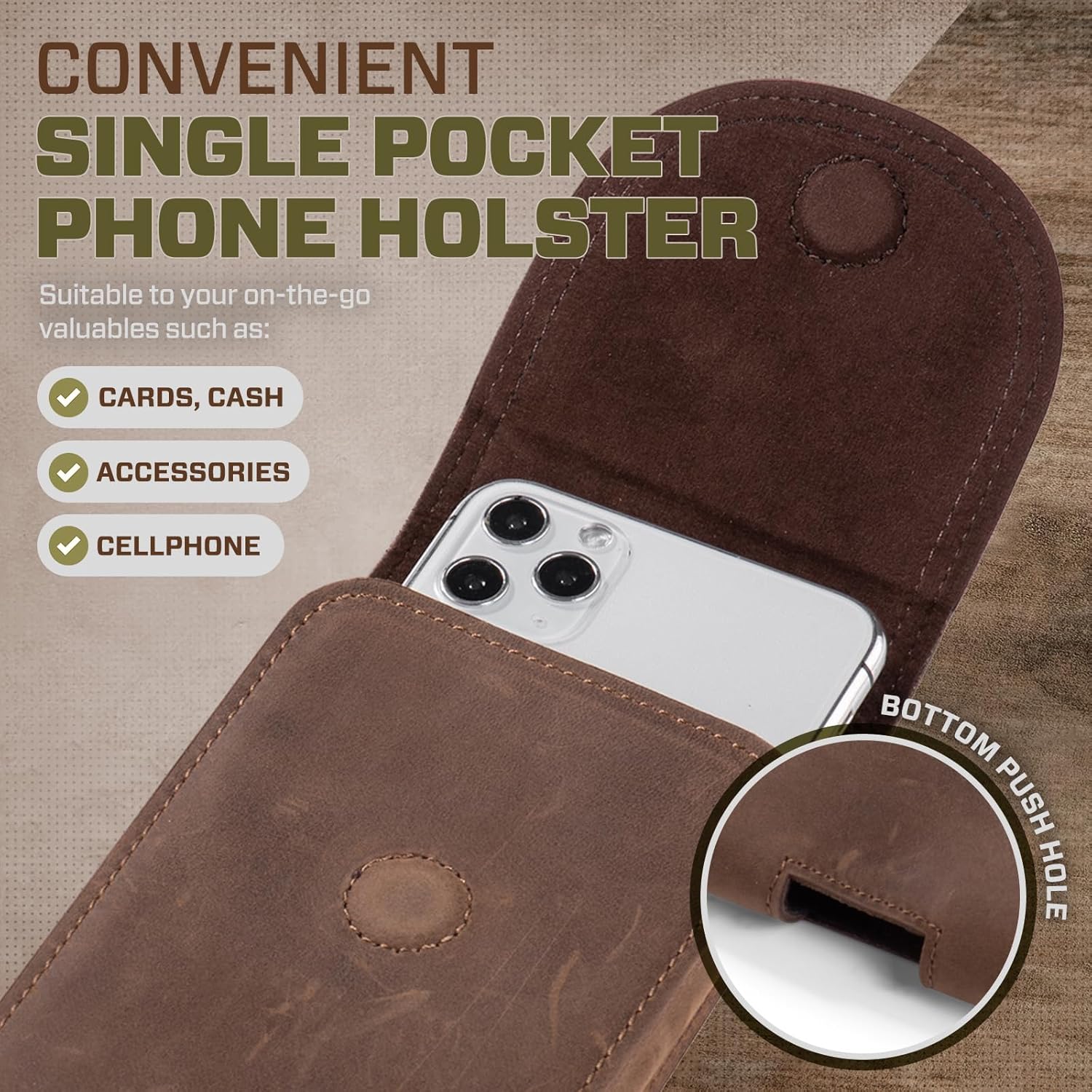 Hengwin Genuine Leather Belt Clip Phone Holster Fits for Samsung Galaxy S25 Edge S24 FE S23 Ultra A56 A16 iPhone 16 Pro Max 15 Plus, Belt Case Waist Pouch Cell Phone Holder for Belt (Retro Brown) - Image 3