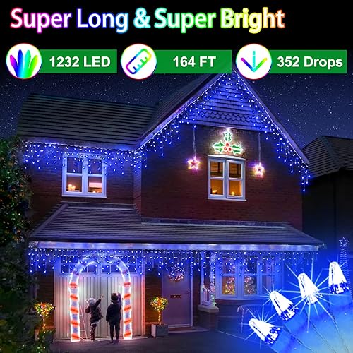 Miniatura 2 de Luces LED de Navidad de 164 pies para exteriores con 352 gotas, decoraciones de Navidad, luces colgantes 1232 LED, 8 modos, guirnalda de luces para