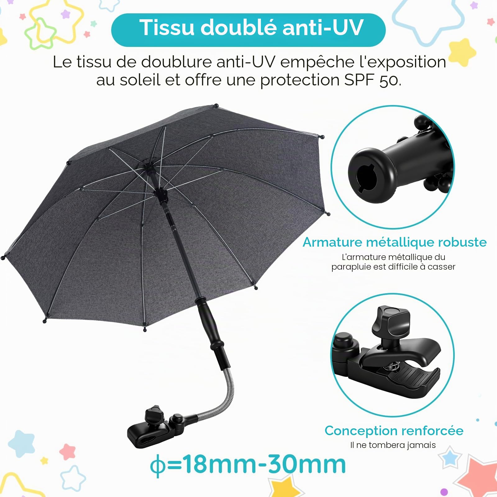 Ombrelle Poussette,Parasol UPF50+Ppour Poussette Canne,Protection Solaire Flexible de 76 cm de Diamètre, Facile à Installer sur des Tubes Rronds et Ovales