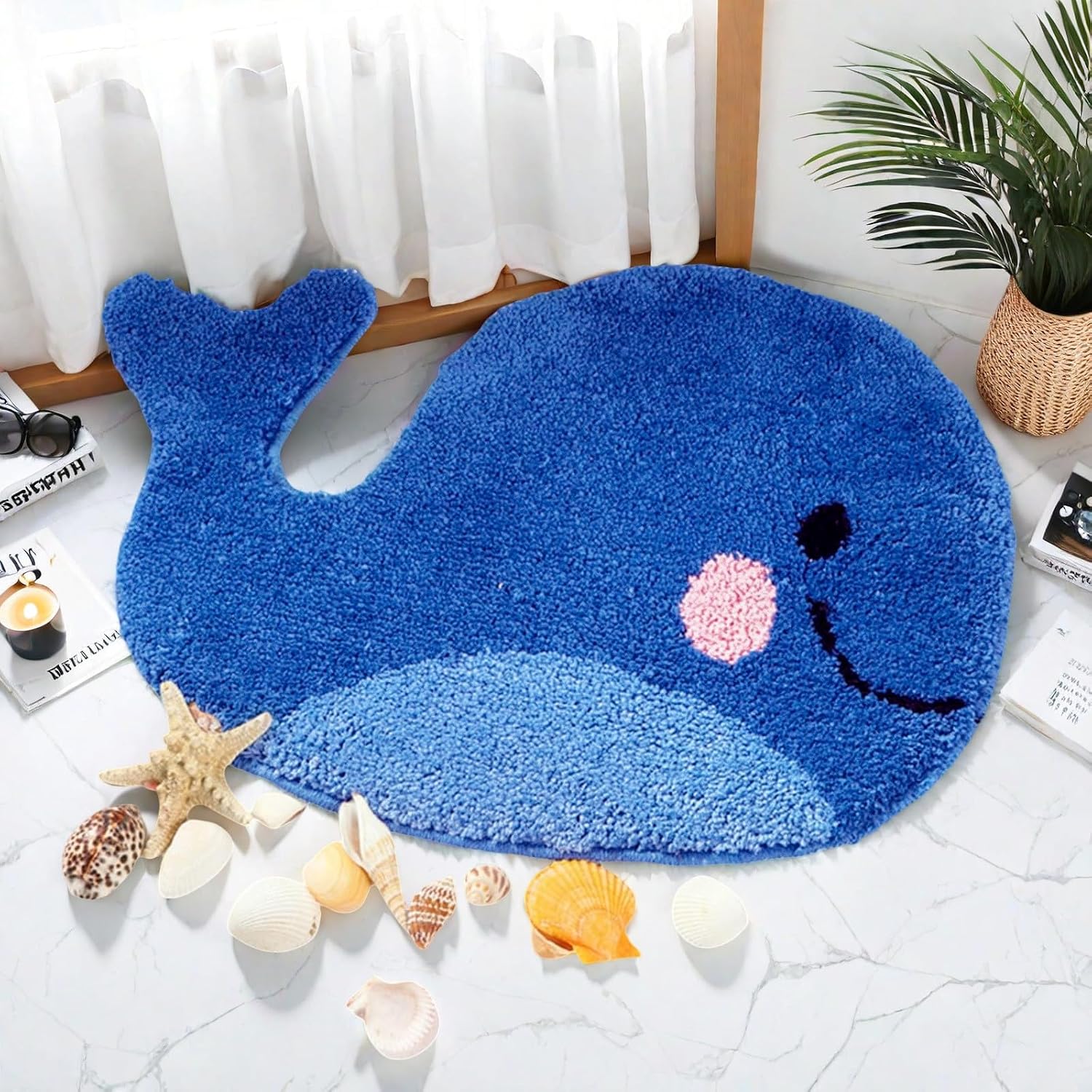 Kids Bathroom Rug - Cute Whale Bath Mat, Blue Non-Slip Microfiber Terry, Washable Water Absorbent Floor Mat for Boys and Girls, Perfect for Kids Bathroom Decor (17x23 Inches)