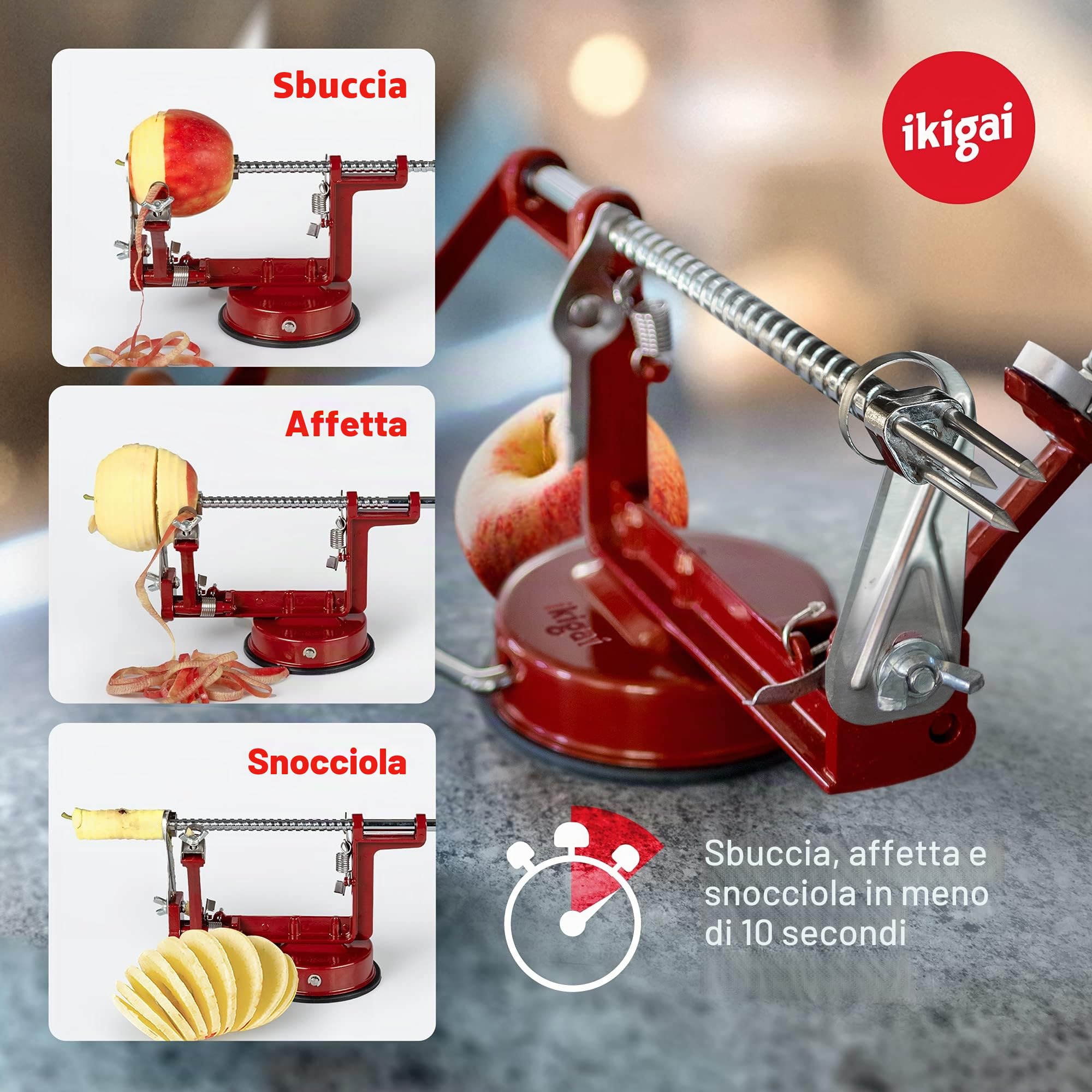 Ikigai Sbuccia Mele - Pela Mela Con Ventosa - Sbucciatore di mele - Sbuccia Mela a Manovella - Pela Frutta - Include 3 lame di ricambio