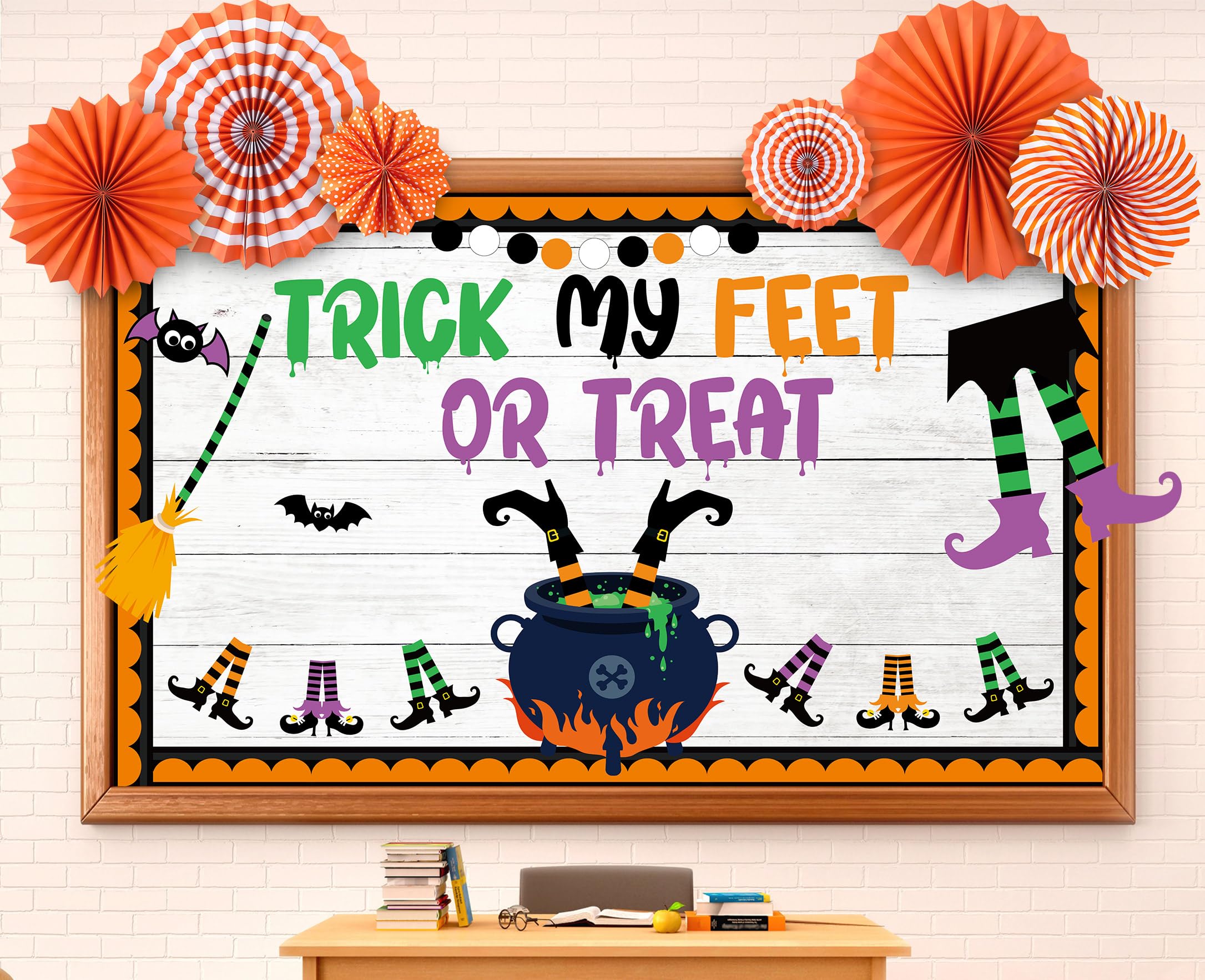 Qyeahkj Halloween Bulletin Board Decorations Classroom Decor Set Witch Borders with 3D Paper Fan Flower Smell My Feet Cutouts for Fall Student Teacher School Office Chalkboard Wall Supplies