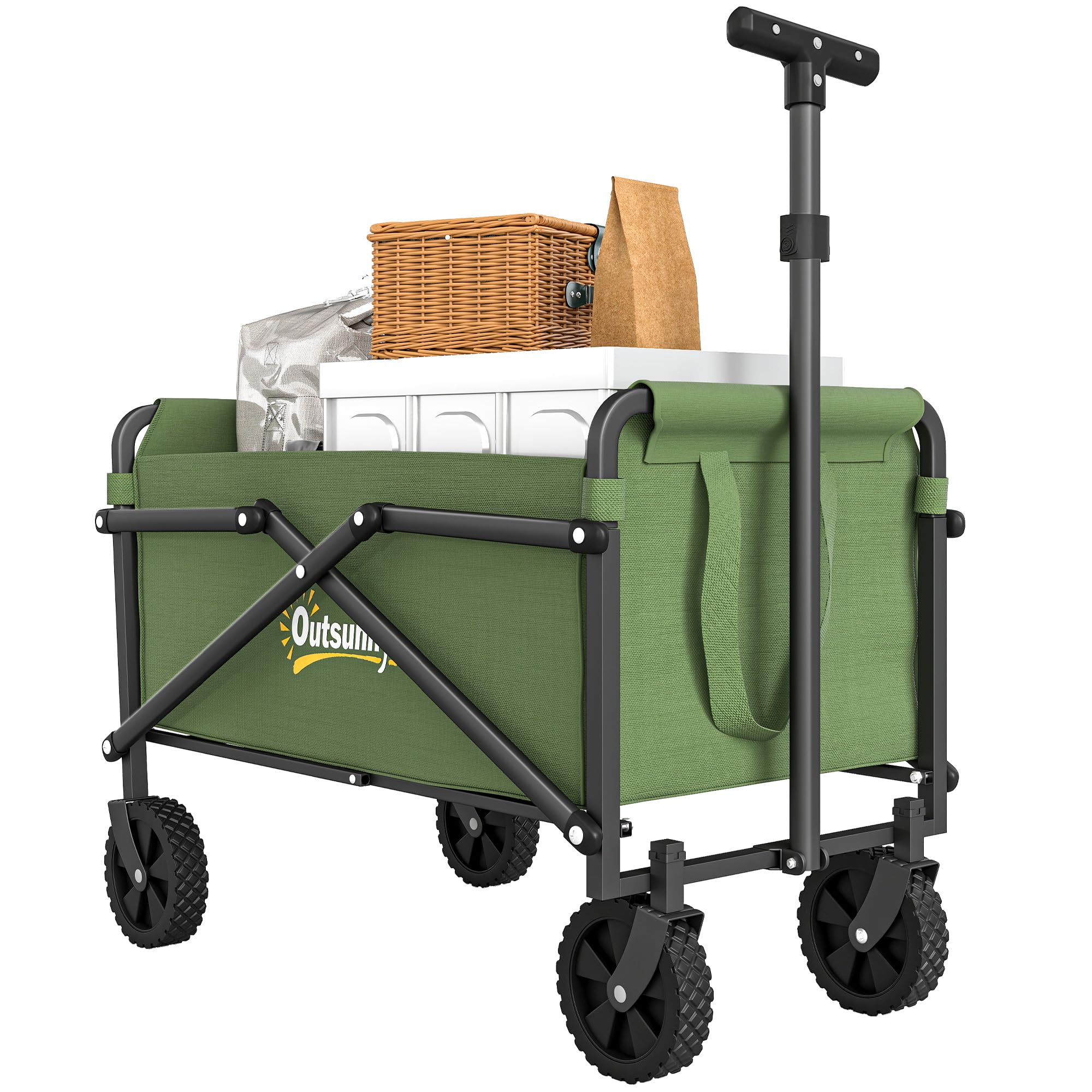 Outsunny 62L Festival Trolley on Wheels, Portable Small Folding Trolley Cart, 60kg Heavy Duty Collapsible Foldable Wagon with Adjustable Handle and Carrying Bag for Beach, Camping, Garden, Green