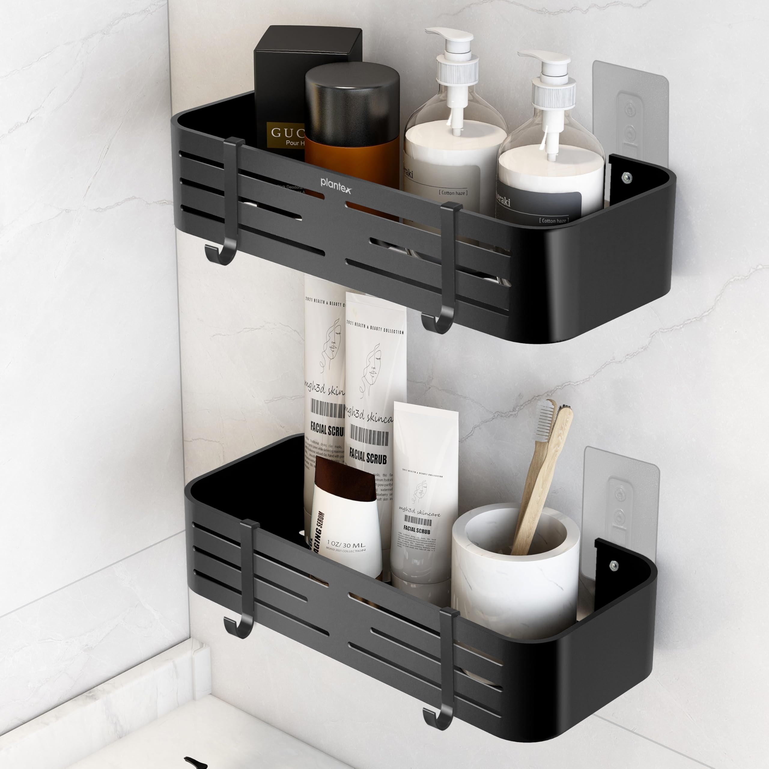 Plantex Aluminium Bathroom Stand for Wall/Self Adhesive Shelf for Bathroom with Removable Hooks & Magic Stickers/Bathroom Accessories Items (12x5 inches, Matt Black) - Pack of 2 (B0DCBFTPH4) Amazon Price History, Amazon Price Tracker