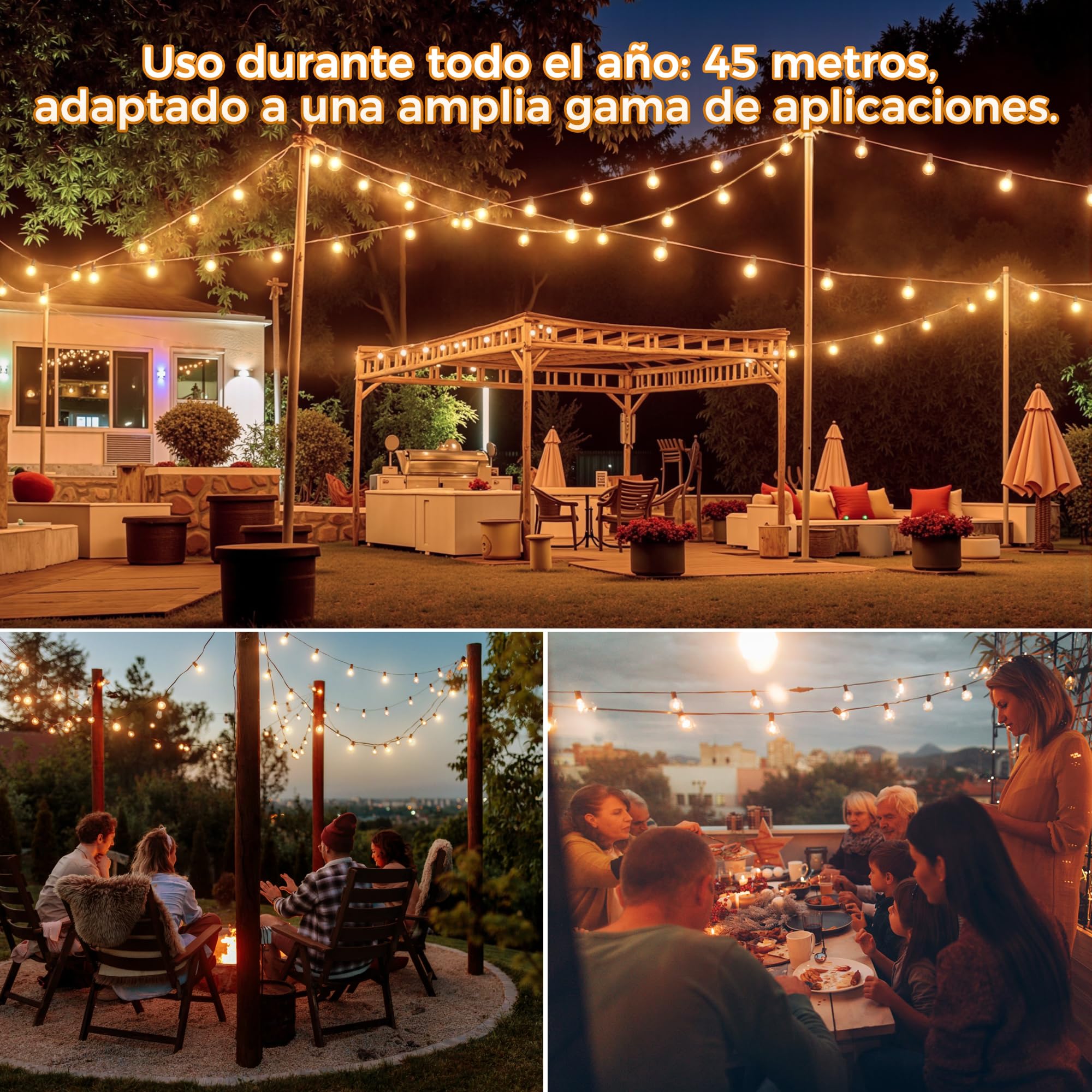 HeiPard Guirnalda Luces Navidad Exterior 45m, 75 + 2 LED Cálidas 2200K - Impermeable IP45 para Jardín, Terraza, Control Remoto RF, 3 Modos + 4 Brillos, Temporizador, Conexión Serie