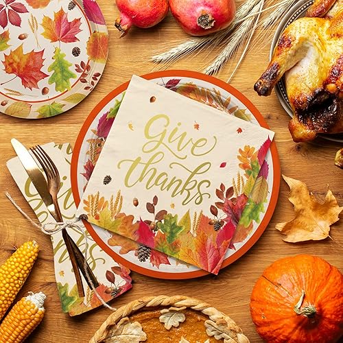 Miniatura 4 de Kit de suministros para fiestas temáticas de otoño, sirve 25, vajilla desechable de cosecha de otoño incluye: platos llanos de papel, platos de