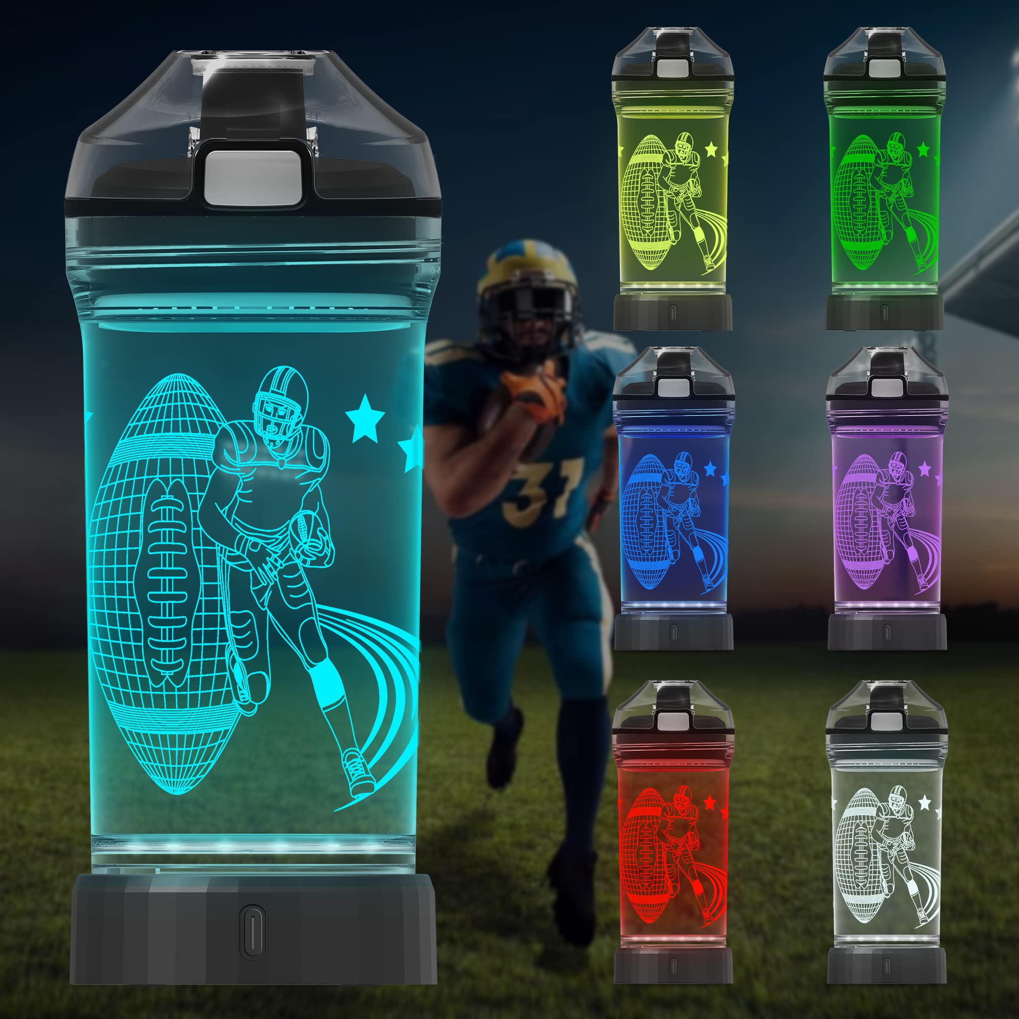 Attivolife Football Water Bottle for Kids, Light up 3D Glowing Illusion LED Lamp - 14 OZ Tritan BPA Free - Timer Function, Creative Ideal Travel Cup Gift for Boy Child School Sports Holiday Camping