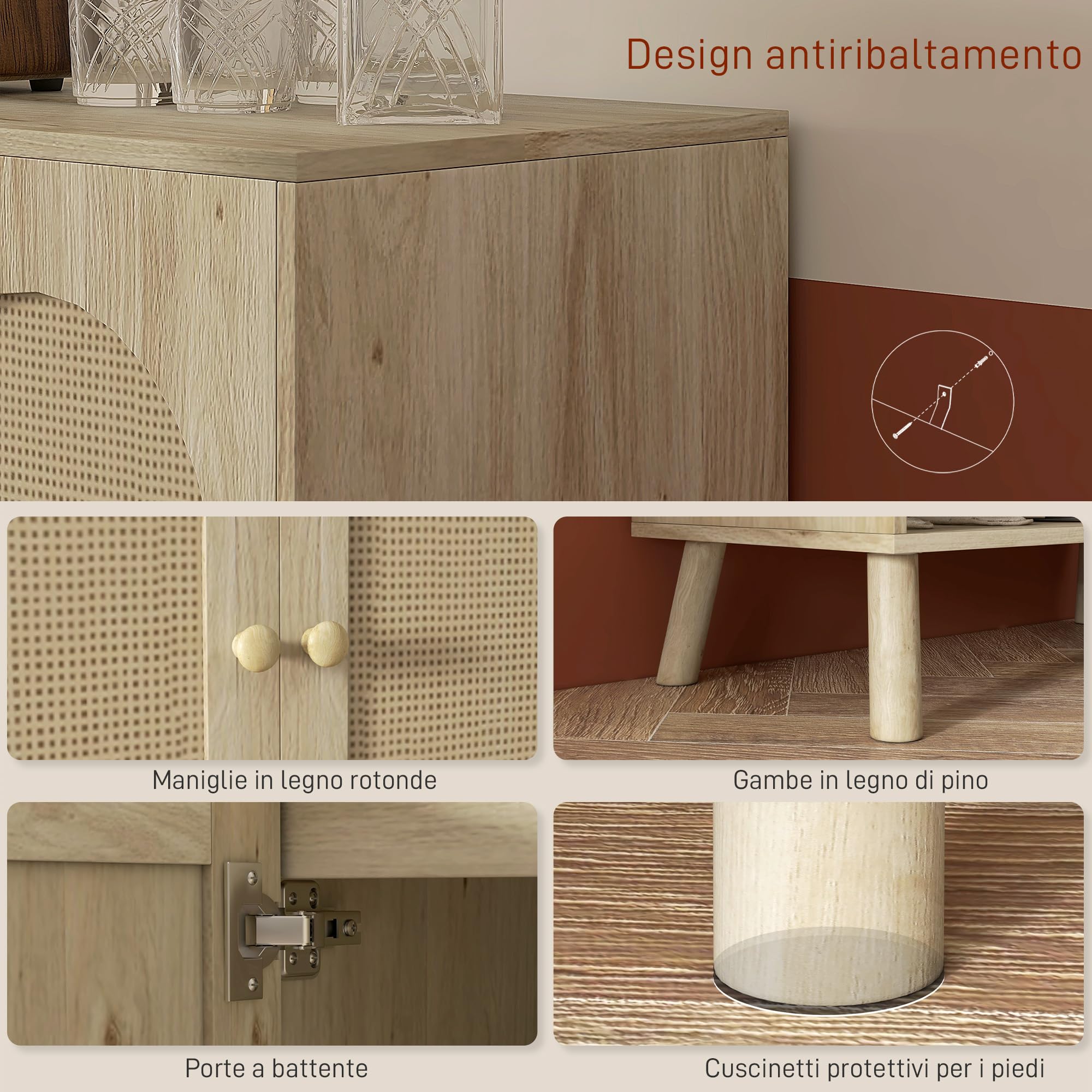 HOMCOM Mobile da Ingresso e Soggiorno in Stile Boho, Mobile Multiuso con Ante in Rattan e Ripiano Aperto, 80x38x100cm, Rovere