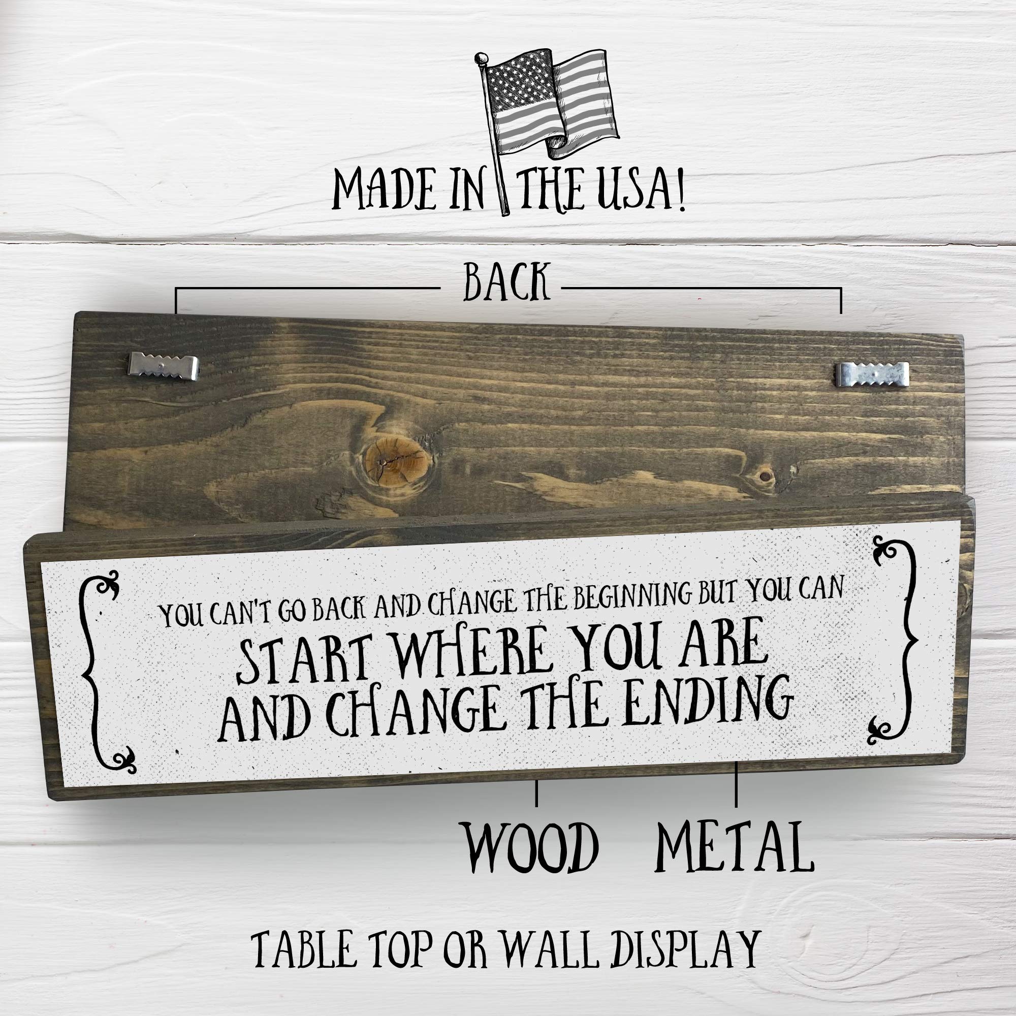 Letreros de madera de motivación (mediano, madera y metal, no puedes volver atrás y cambiar el principio)