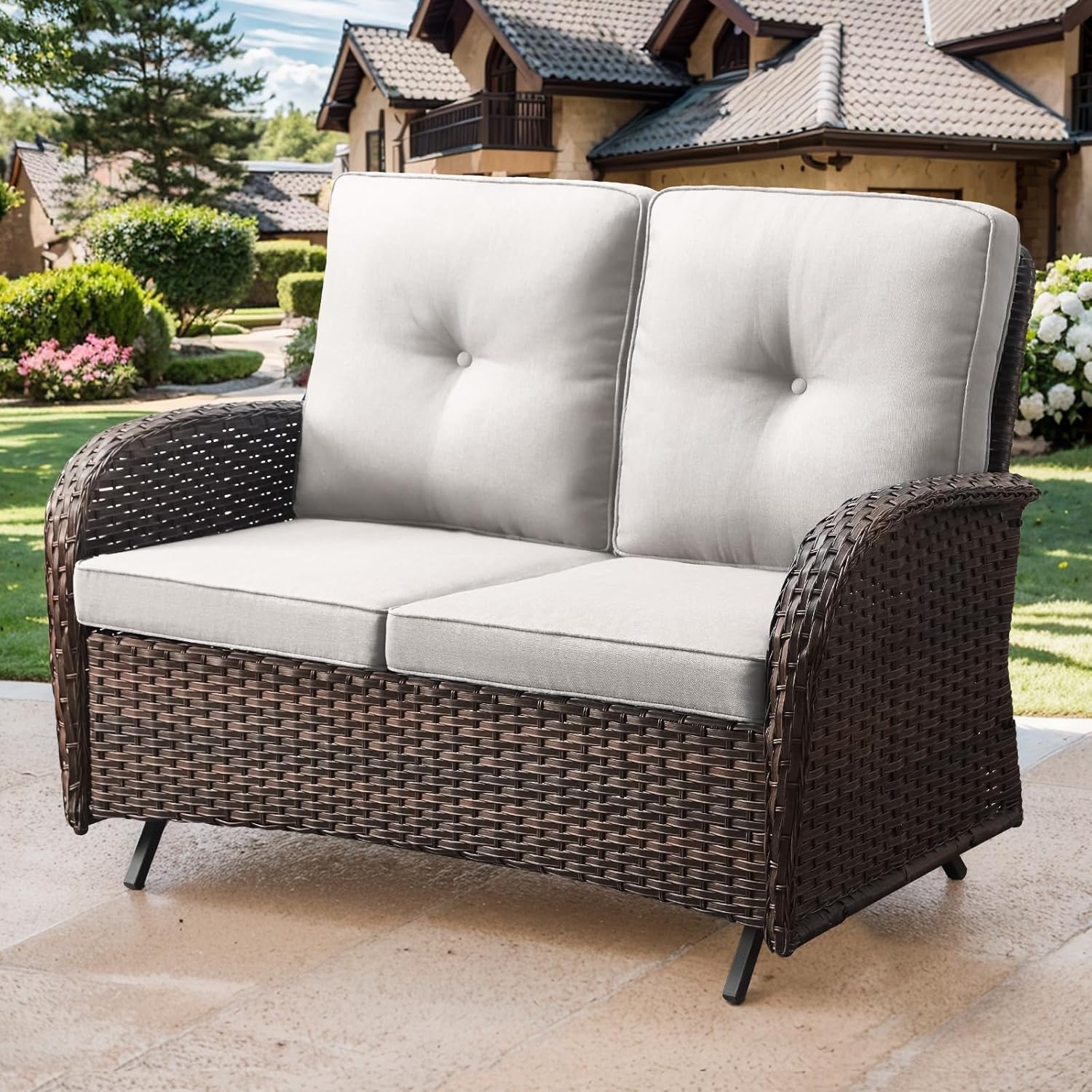 Patio Loveseat Wicker Loveseat Rattan Glider Sofa with Curved Armrest Thicking Back & Seat Cushions for Garden Balcony Backyard Brown Wicker|Beige Cushions (B) Patio Loveseat Glider