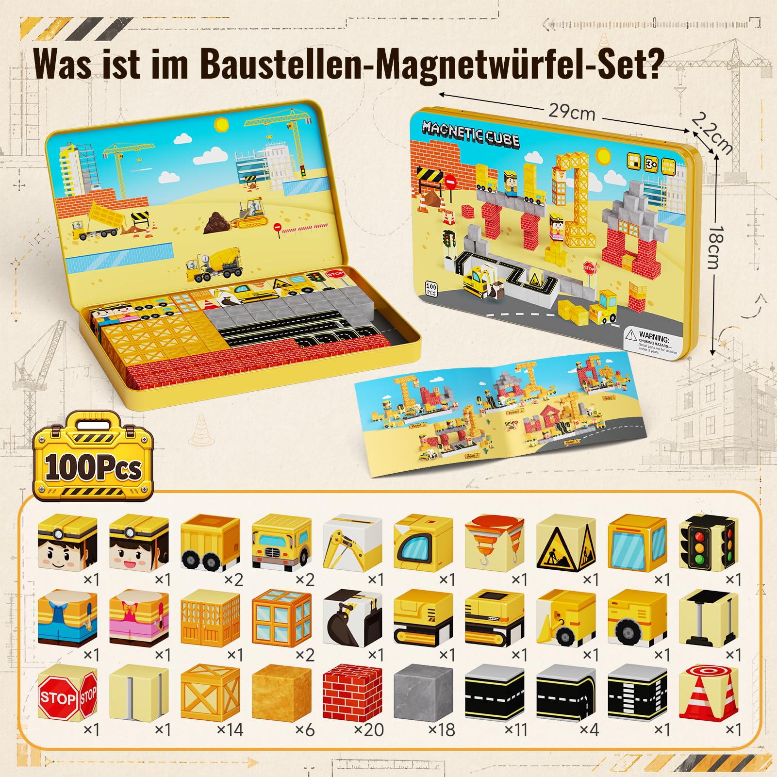 Magnetische Bausteine Reiseset Baustelle: 100 Teile für Jungen | Baustellen-Magnetwürfel mit Metalldose als Bauplatte für 1-3 Kinder – 1h ruhig & streitenfrei für Auto/Flug/Restaurant
