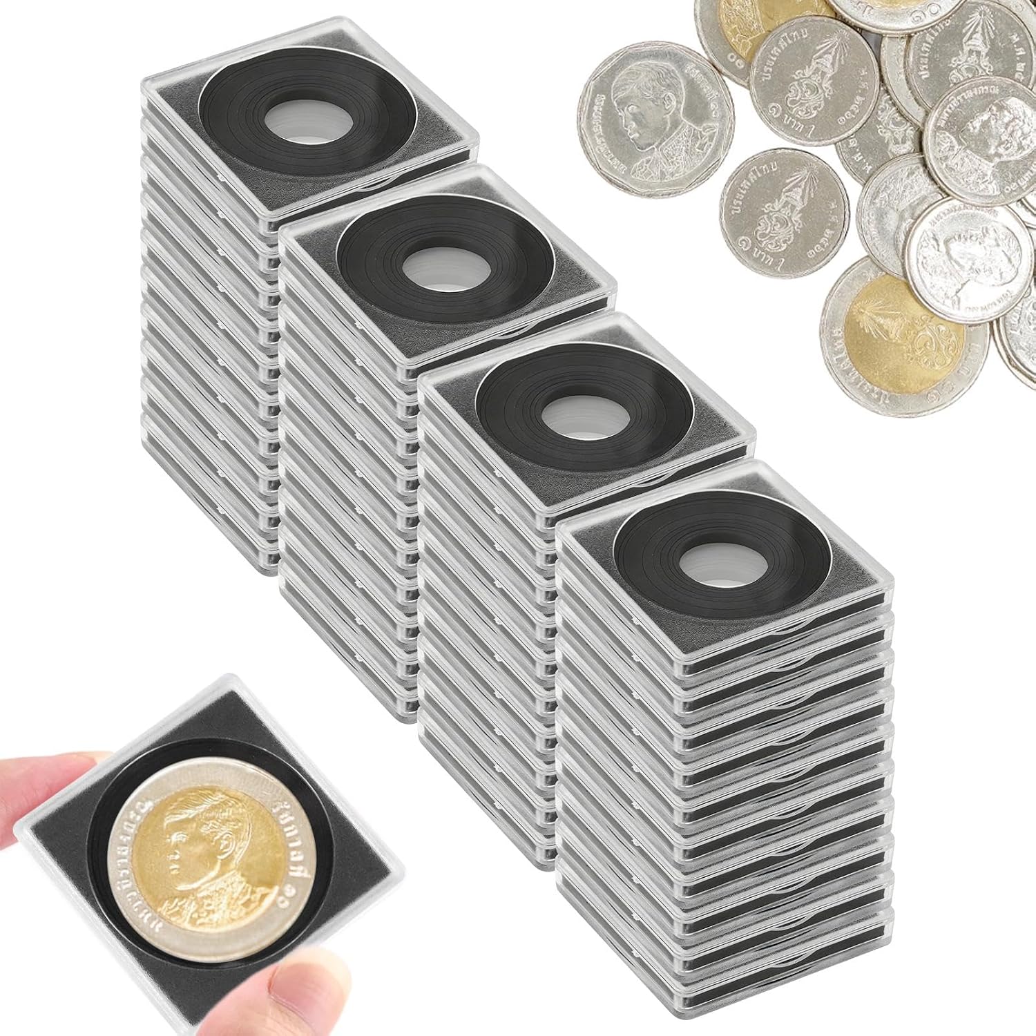 40 Pack Adjustable Acrylic Coin Holders with 8 Sizes Black Gaskets, Snap Coin Collection Cases, Storage Box for 17.5-40mm Coins, Silver Dollars and Commemorative Coins