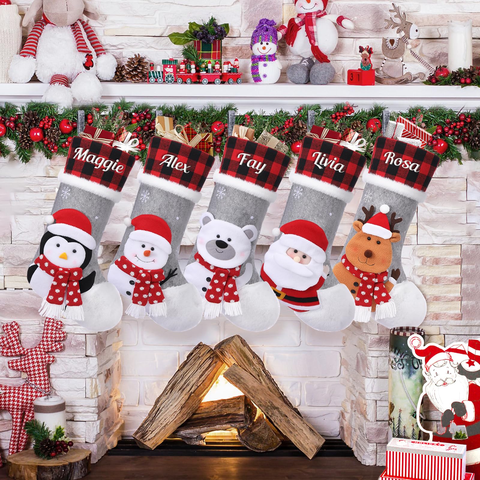 SearchI 5er Personalisierte Weihnachtsstrümpfe Nikolausstrumpf Christmas Stockings,Personalisierter Weihnachtsstrumpf zum Aufhängen&Befüllen Kamin Hängende Ornamente Geschenkhalter für Weihnachtsbaum