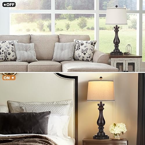 Miniatura 4 de Juego de 2 lámparas de mesa estilo granja de 27.5 pulgadas para sala de estar, lámparas vintage para mesita de noche con puertos USB C+A y salida de