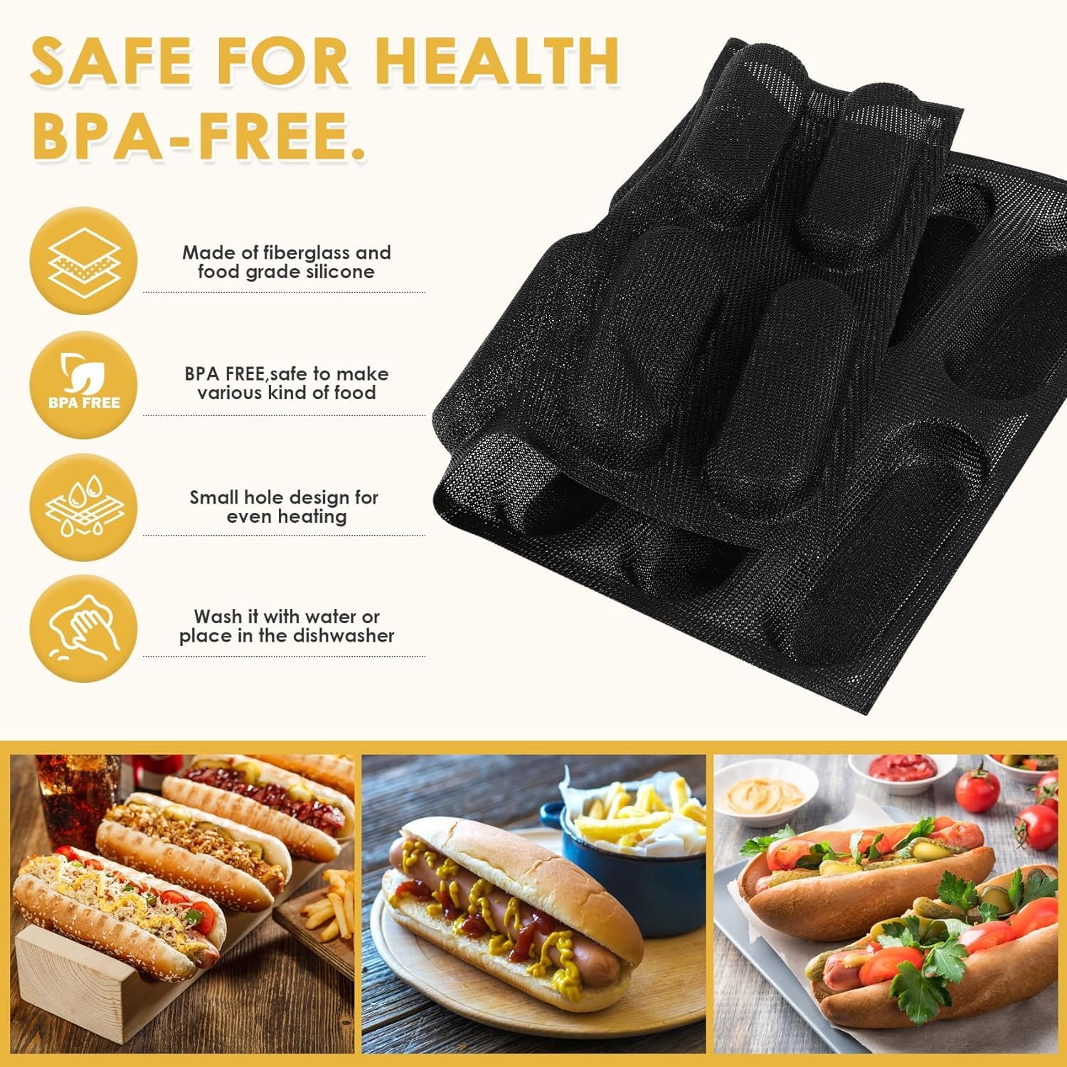 Moule à pain en silicone - Anti-adhésif - Perforé - Moule à pain français - Moule à hot dog - Moule à pain (12 loaf, noir)