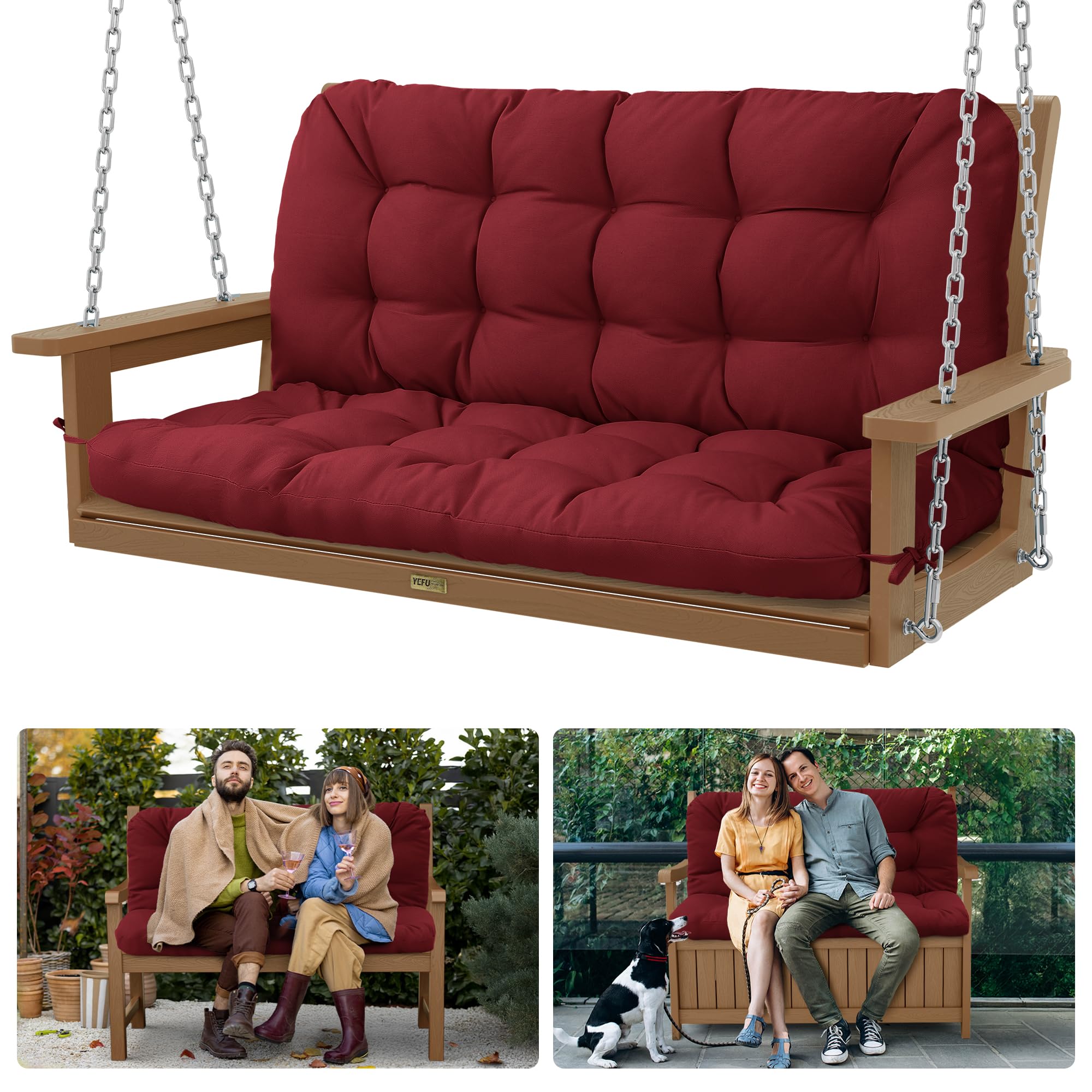 YEFU Porch Swing Cushion, Swing Cushions 2-3 Seater Replacement with Backrest, Waterproof Bench Cushion for Patio Garden, 48x40x5 Inch, Burgundy-image-21