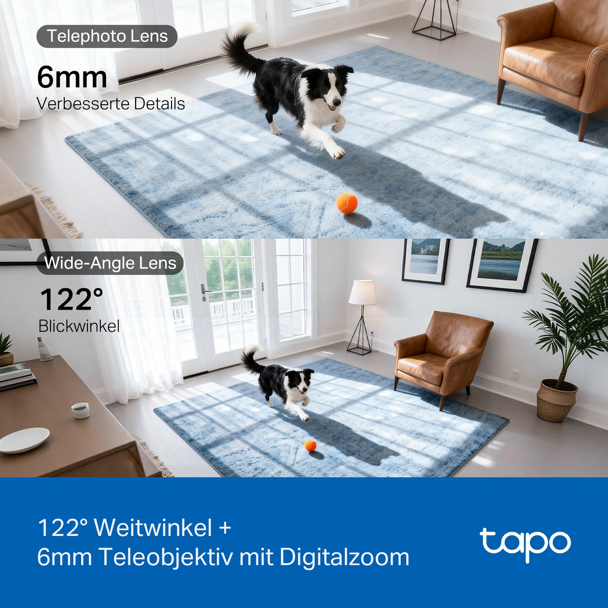 Tapo C245D Dual Kamera Überwachung Innen, 2K Weitwinkel- & Teleobjektiv, 2 Bereiche gleichzeitig überwachen, KI-Erkennung ohne ABO, IR-Nachtsicht, lokale Speicher mit Micro-SD oder H500 CentralHub