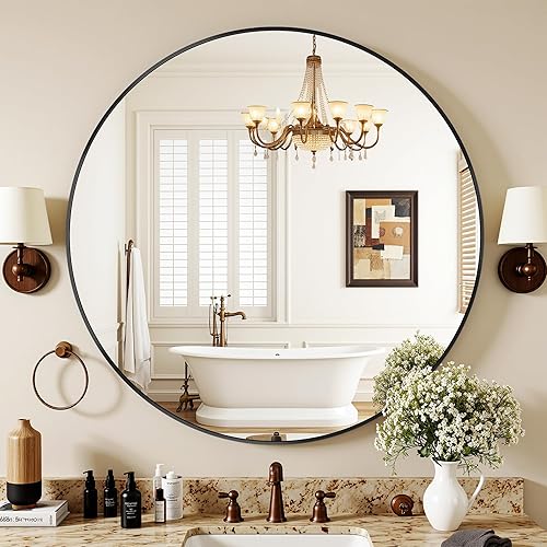 Miniatura 2 de Antok Espejo redondo de 30 pulgadas para pared, espejo redondo de baño, espejos de pared circulares con marco de metal negro, espejos circulares