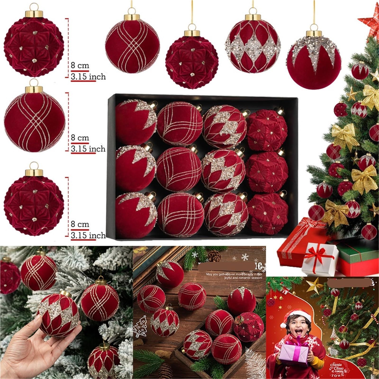 Boule de Noel Decoration Lot de 12 Boules de Noël en Velours floquées Vertes incassables, décoration d'arbre de 80 mm, Boule Suspendue for fête et Mariage(Style-5)