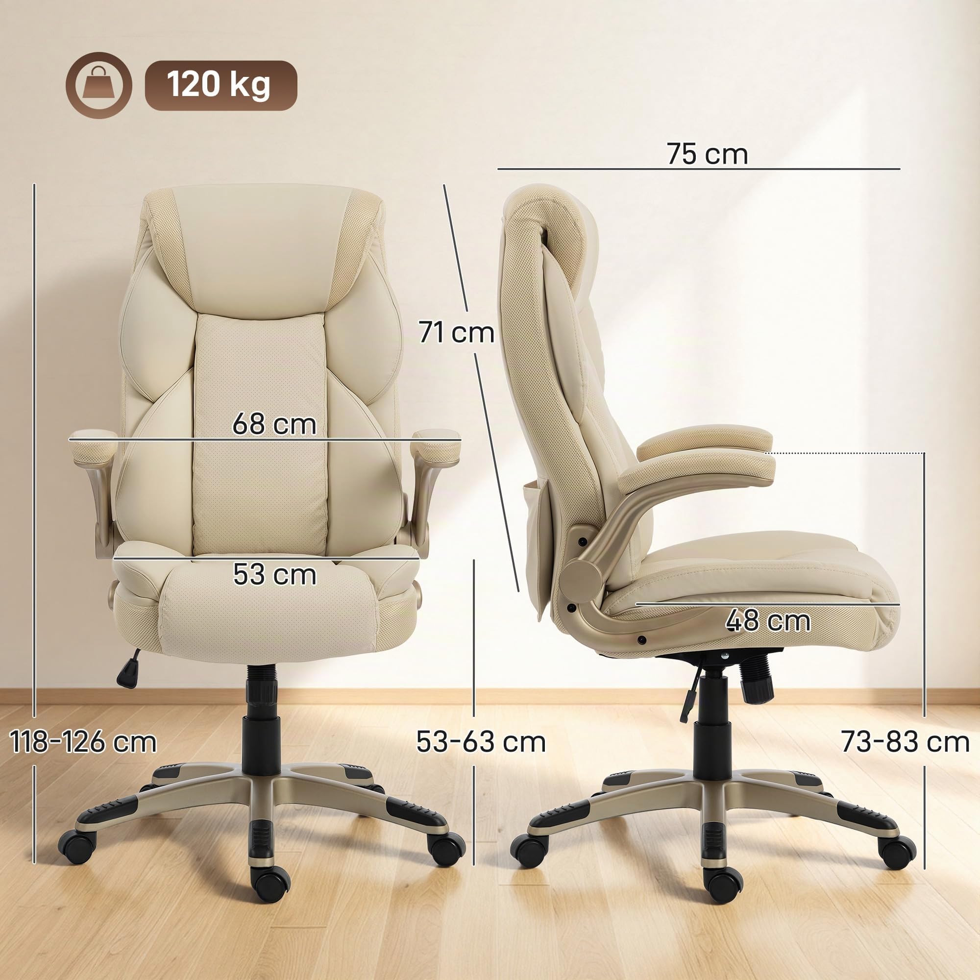 HOMCOM Silla de Oficina con Masaje Vibratorio de 4 Puntos Giratoria Crema | Silla de Escritorio, Calor Lumbar, de PU, Brazos Abatibles, Respaldo Alto, Altura Ajustable, Función de Basculante