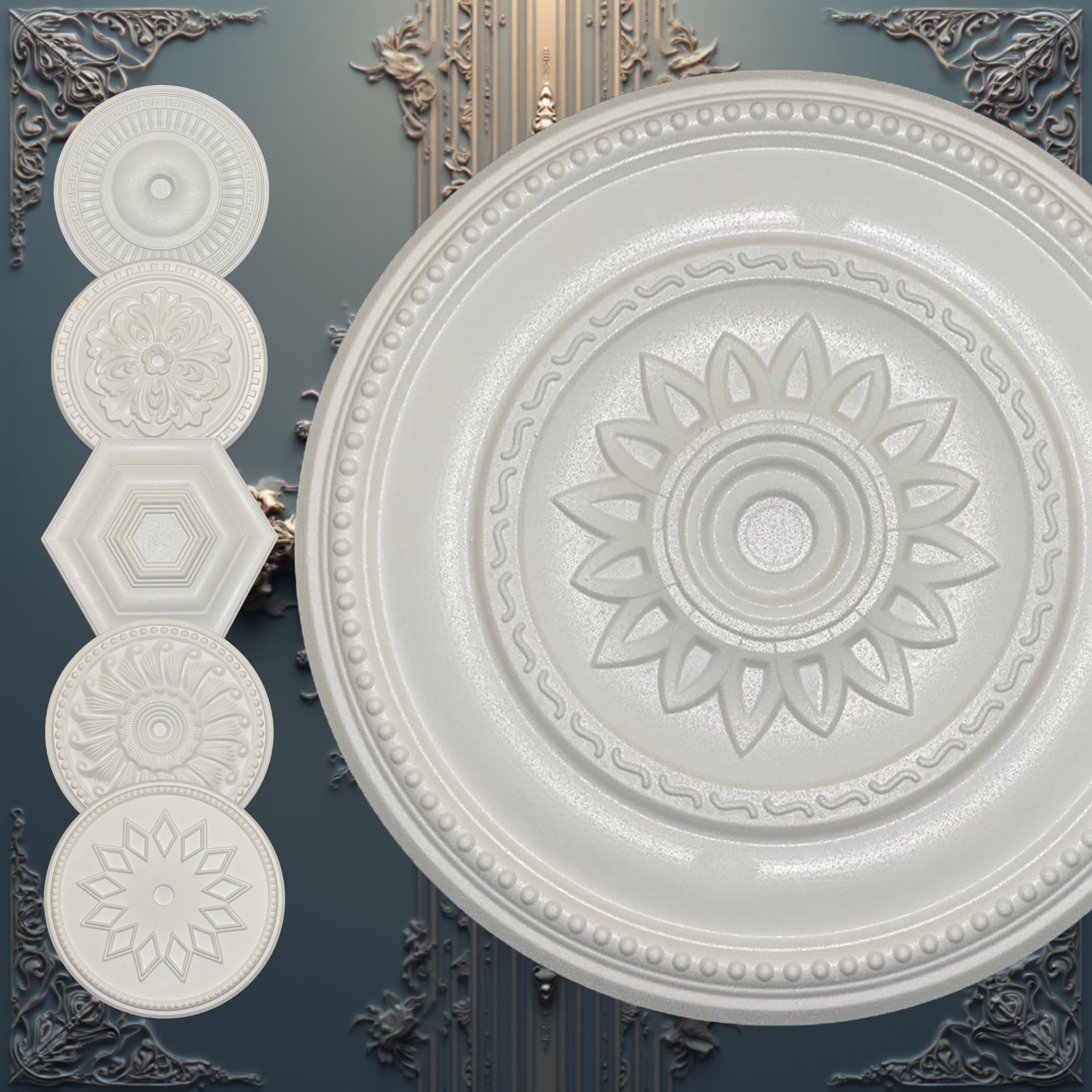 WOLDECOR Elegant Polystyrene Ceiling Rose, Decorative Ceiling Medallion Moulding, Lightweight Coving for Ceilings, Easy to Install Ceiling Decoration for Home & Living Room (Sunflower-49.5cm)