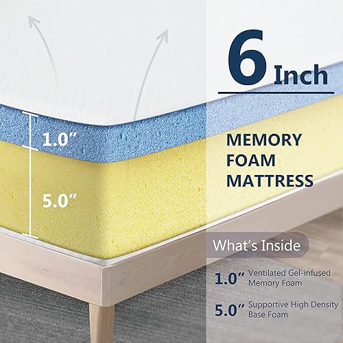 Miniatura 2 de HOMES Inside + Out Zinne - Colchón individual de espuma viscoelástica de gel de 6 pulgadas para sueño fresco y alivio de presión, colchones de