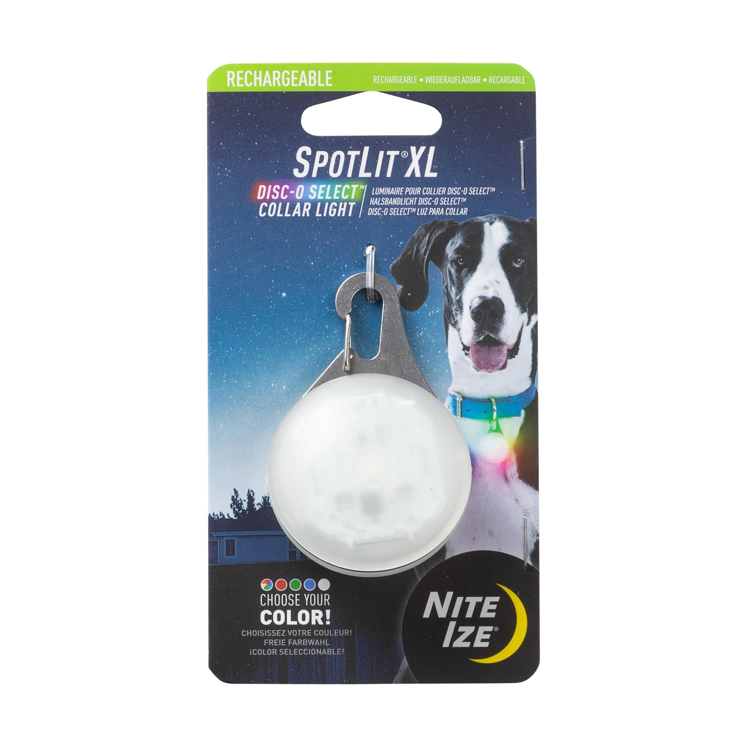 Nite Ize SpotLit XL Rechargeable Collar Light - Carabiner Keychain Clip with LED Light - Clip Color-Changing Light for Dog Collars - Disc-O Select
