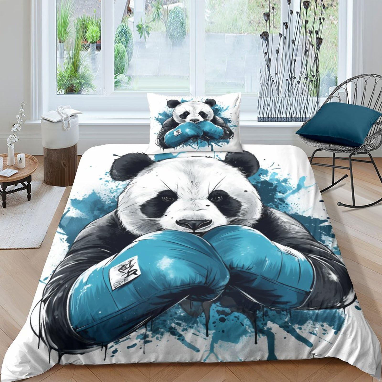 Boxing Panda Duvet Cover Set for Kids Boys Girl 3D Print Art Animals Comforter Cover Bedding Set Zipper Quilt Cover Microfiber Pillowcases Bedroom Decor 2Pcs Bedclothes Single（135x200cm）
