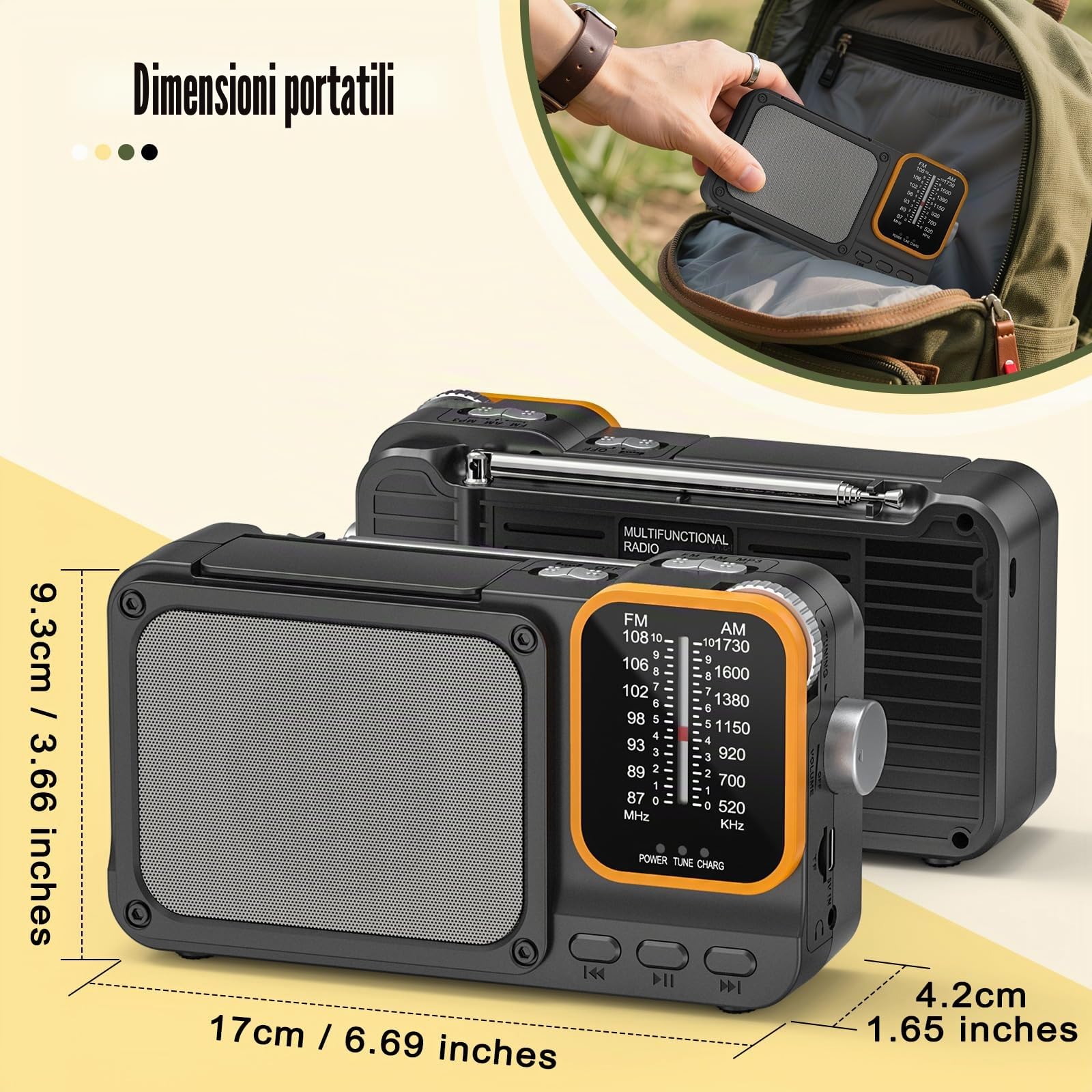 Tendak Radio Portatile FM/AM Ricaricabile 2400mAh Bluetooth Luce Lettura TF