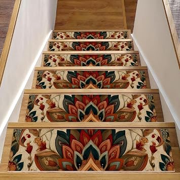 Vintage Ethnic Boho Pattern Stair Treads Non-Slip Stair Runners for Wooden Steps Indoor 15PCS 30"x8" Carpet Stair Treads Stair Mats Staircase Step Treads for Kids, Elders and Dogs