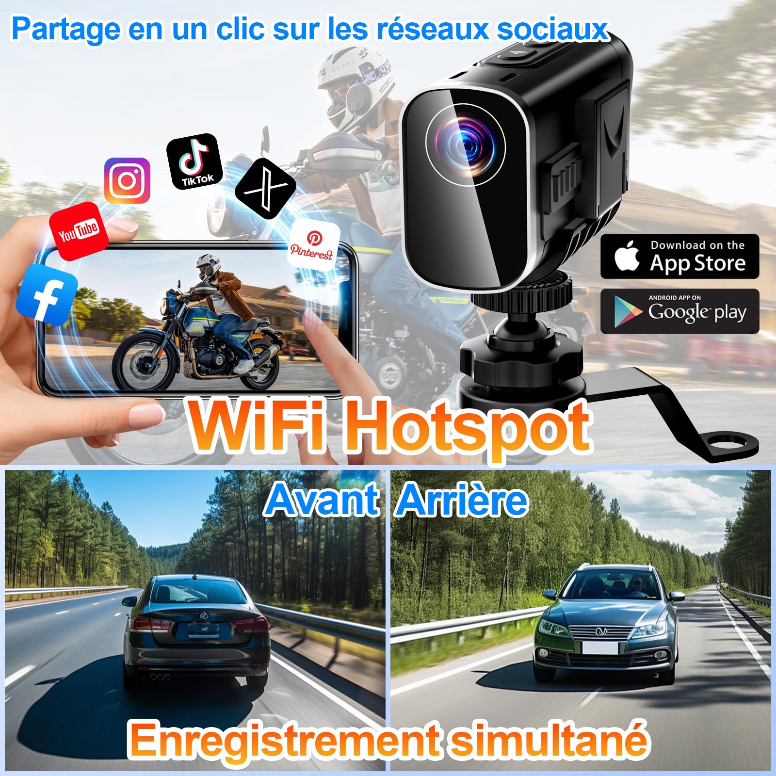 Camera Moto 4K WiFi Double Objectif, 6h avec 32GB