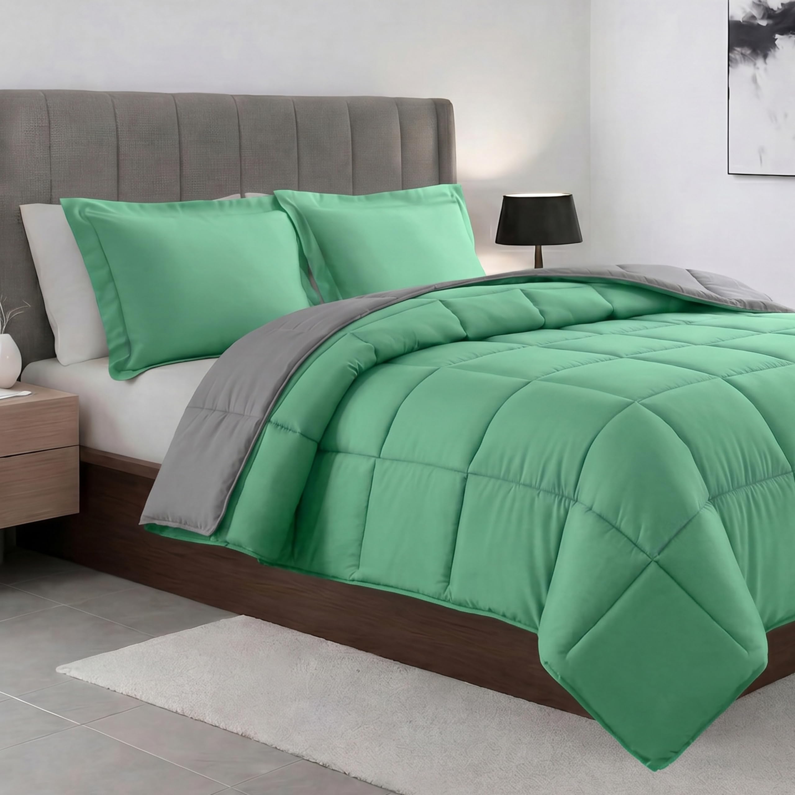Elegant Comfort All Season Quilted 3-Piece Reversible Comforter Set-Duvet Insert with 4 Corner Tabs, Box Stitched Down Alternative, Cozy and Soft Comforter Set with Shams, Queen, Tiffany/Gray