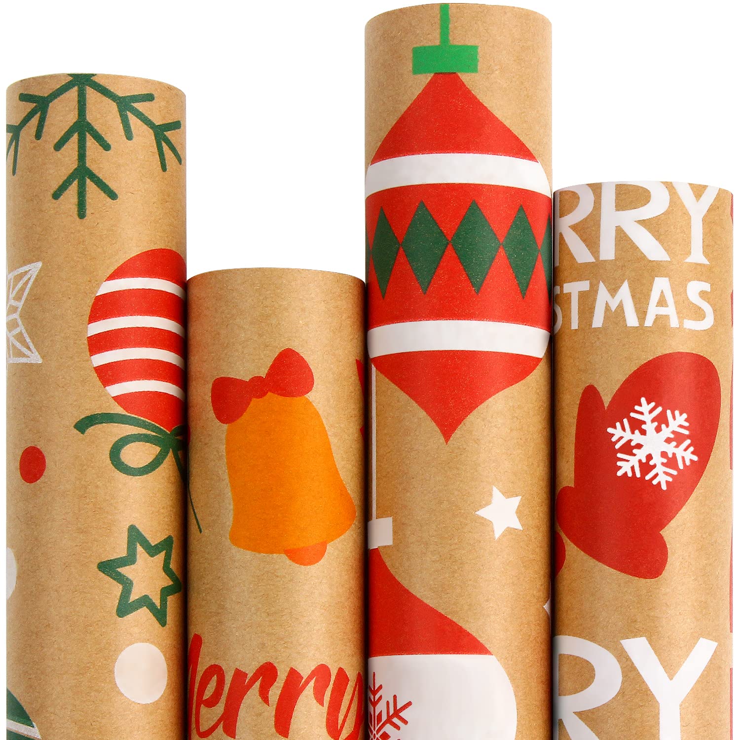 Christmas Wrapping Paper, Holiday Kraft Gift Paper 4 Rolls