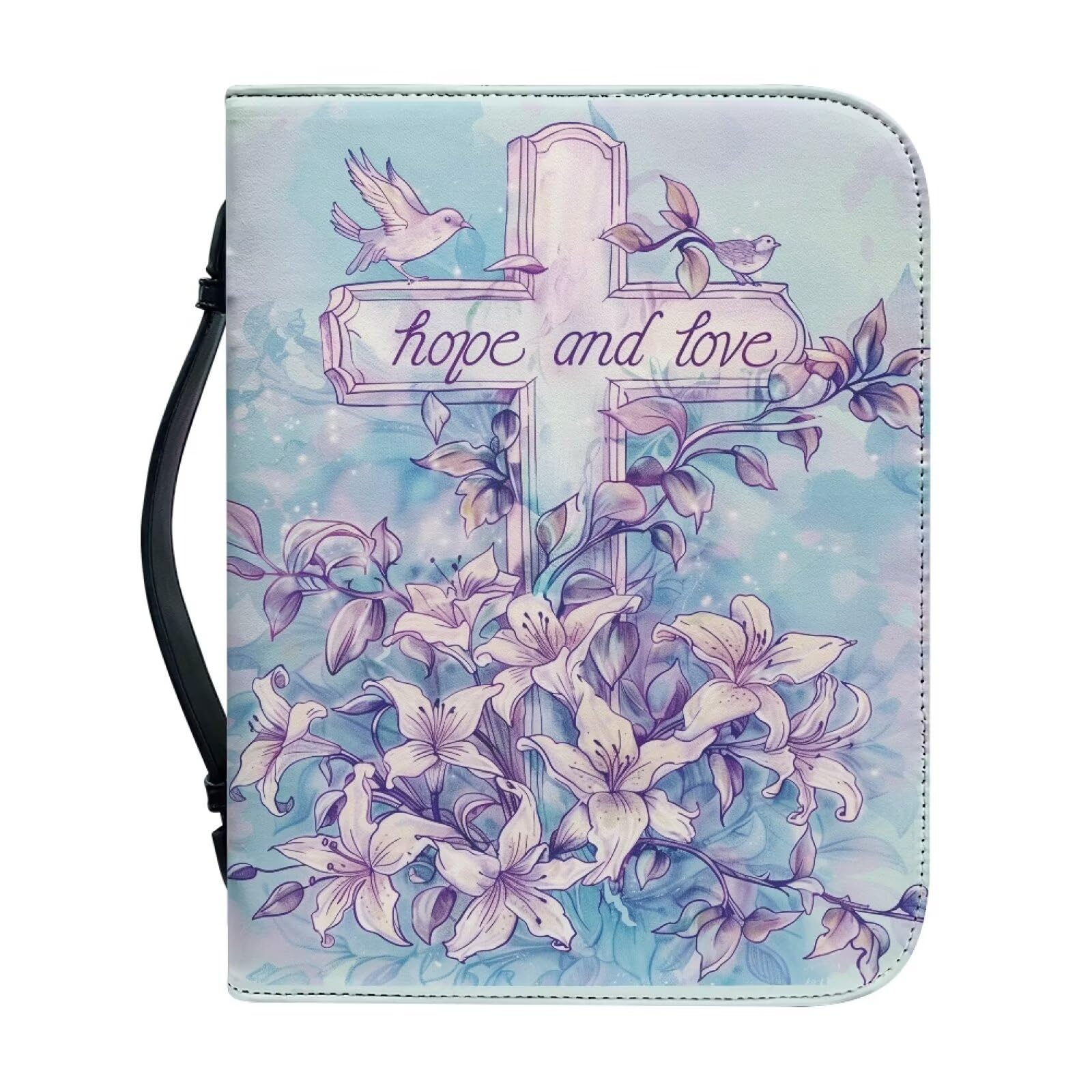 Talayituse Cross Lily Pigeon Print Faux Leather Bible Cover With Handle for Men Women Boys Girls - Christian Case Book Carrying Protector Tote Bag Handbag Gifts, 2XL โ image 1
