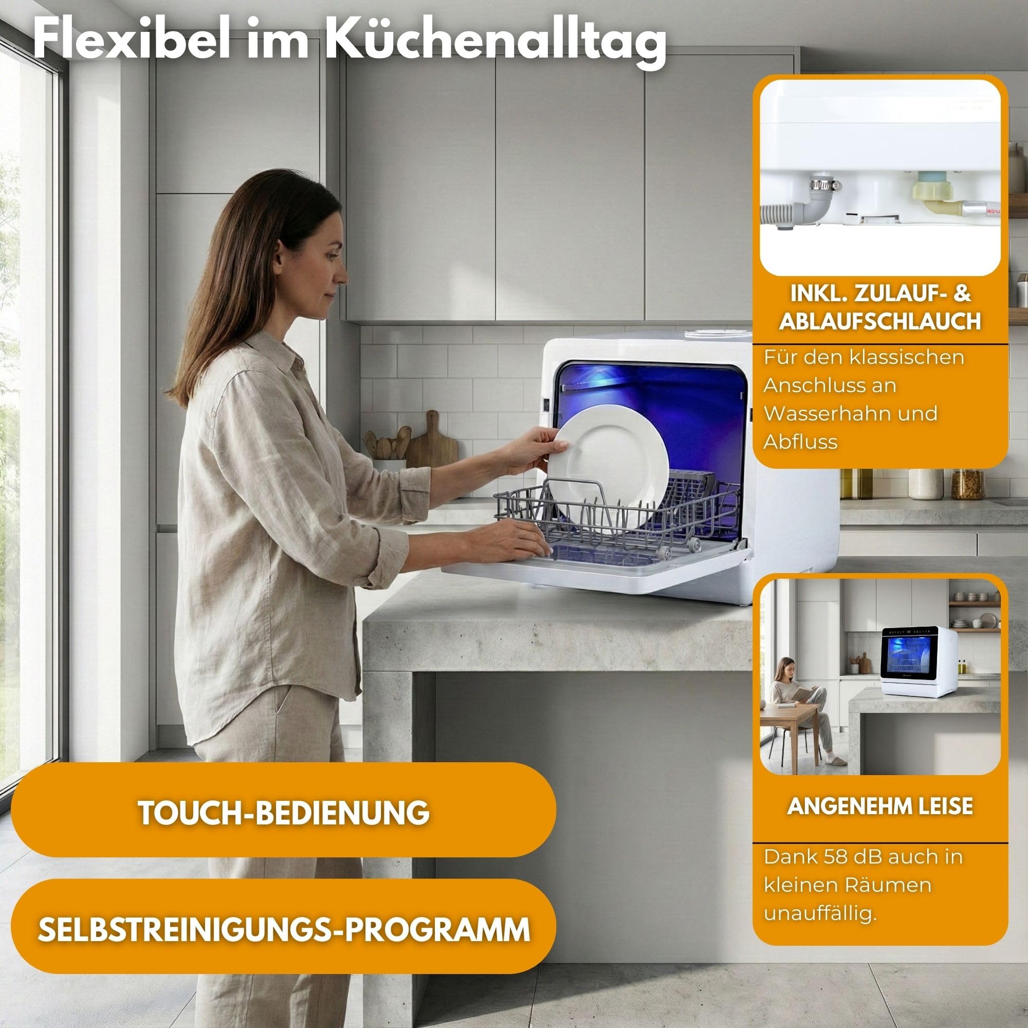 Sommertal SP9 Mini Geschirrspüler Tischgeschirrspüler 28cm Teller 10+1 Funktionen freistehend LED Touch 5L Wassertank Festanschluss