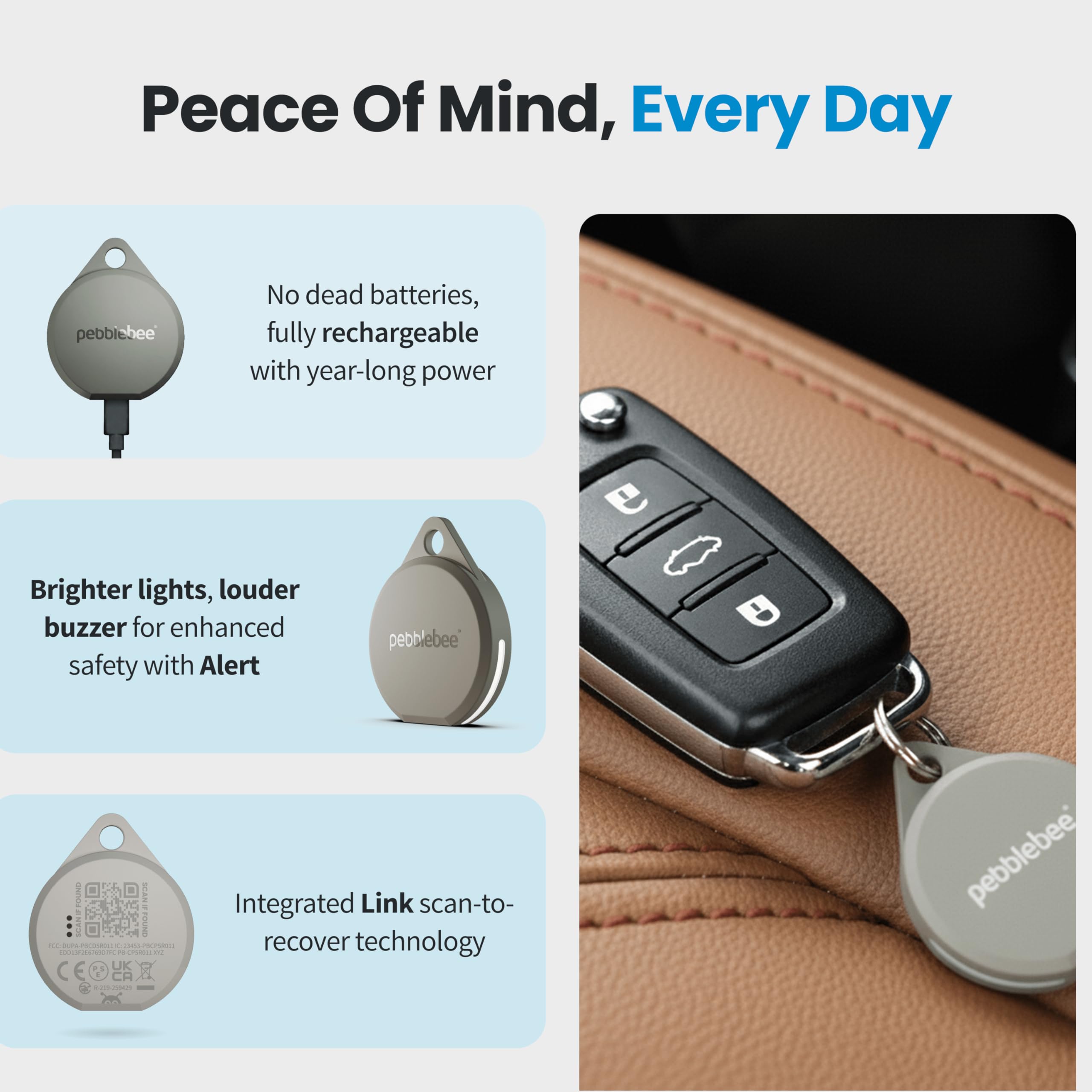 Pebblebee Clip 5 | Tag tracker Bluetooth ricaricabile per chiavi e borse | Alternativa a Air Tag e tracker Android | Sirena da 130 dB, stroboscopio LED luminoso, batteria 12 mesi, modalità di
