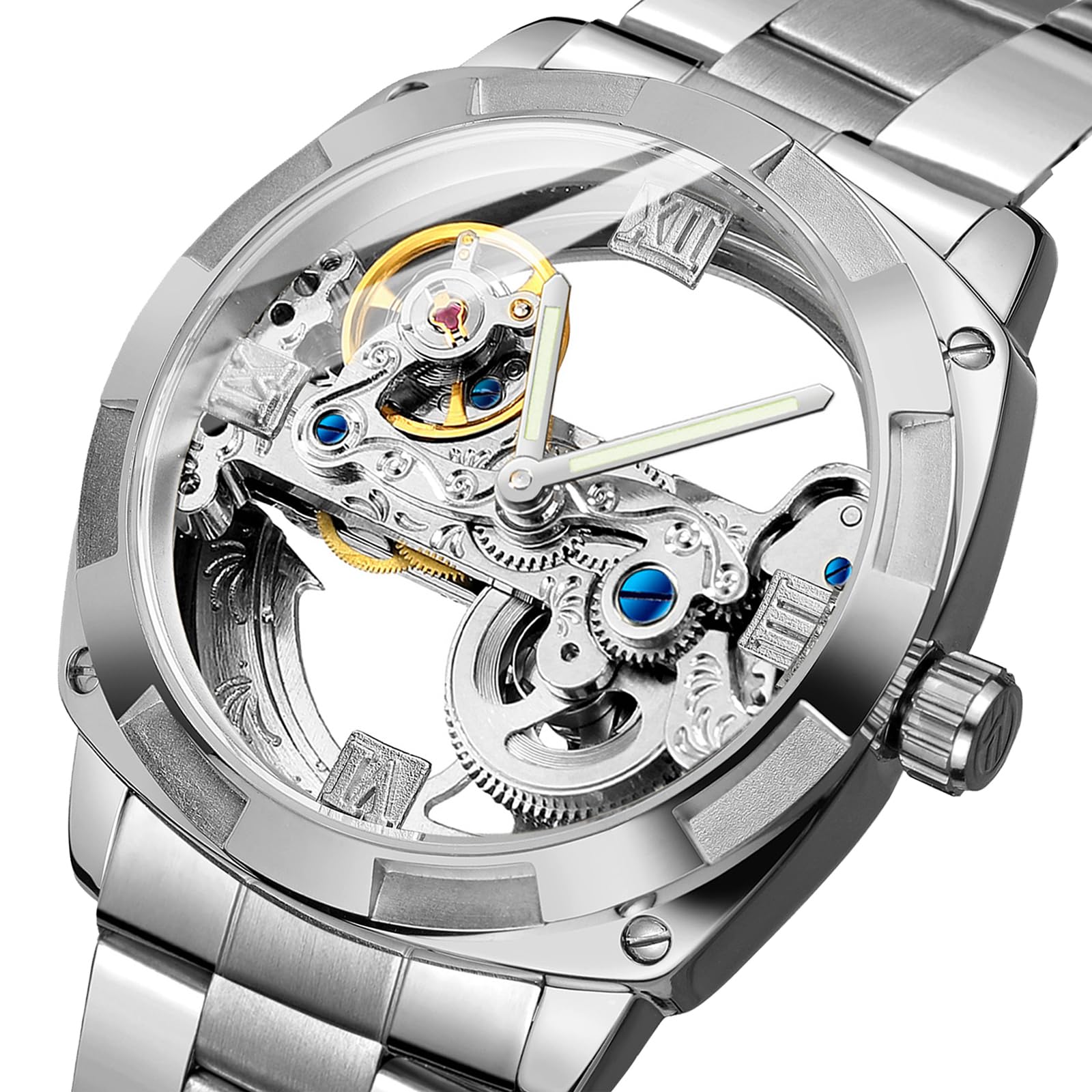 FORSINING Reloj para hombre, clásico, transparente, esfera cuadrada, automático, acero inoxidable, a la moda, para negocios, resistente al agua, luminoso, mecánico, plata