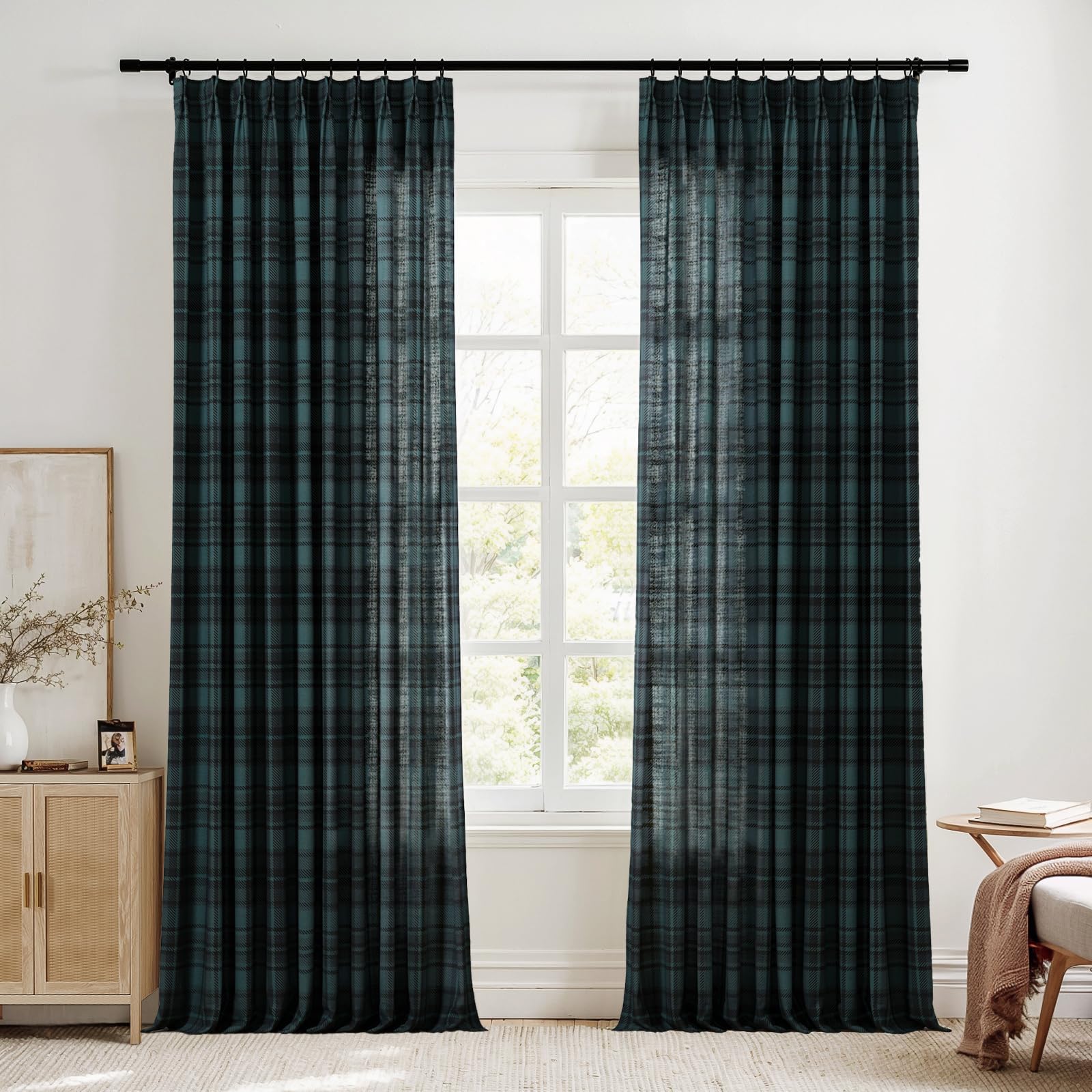 TWOPAGES Pinch Pleat Plaid Curtain 108 Inch Long Light Filtering Privacy Drape Linen Textured Tartan Curtain for Living Room Bedroom (Midnight, 26W x 108L Inches, 1 Panel)
