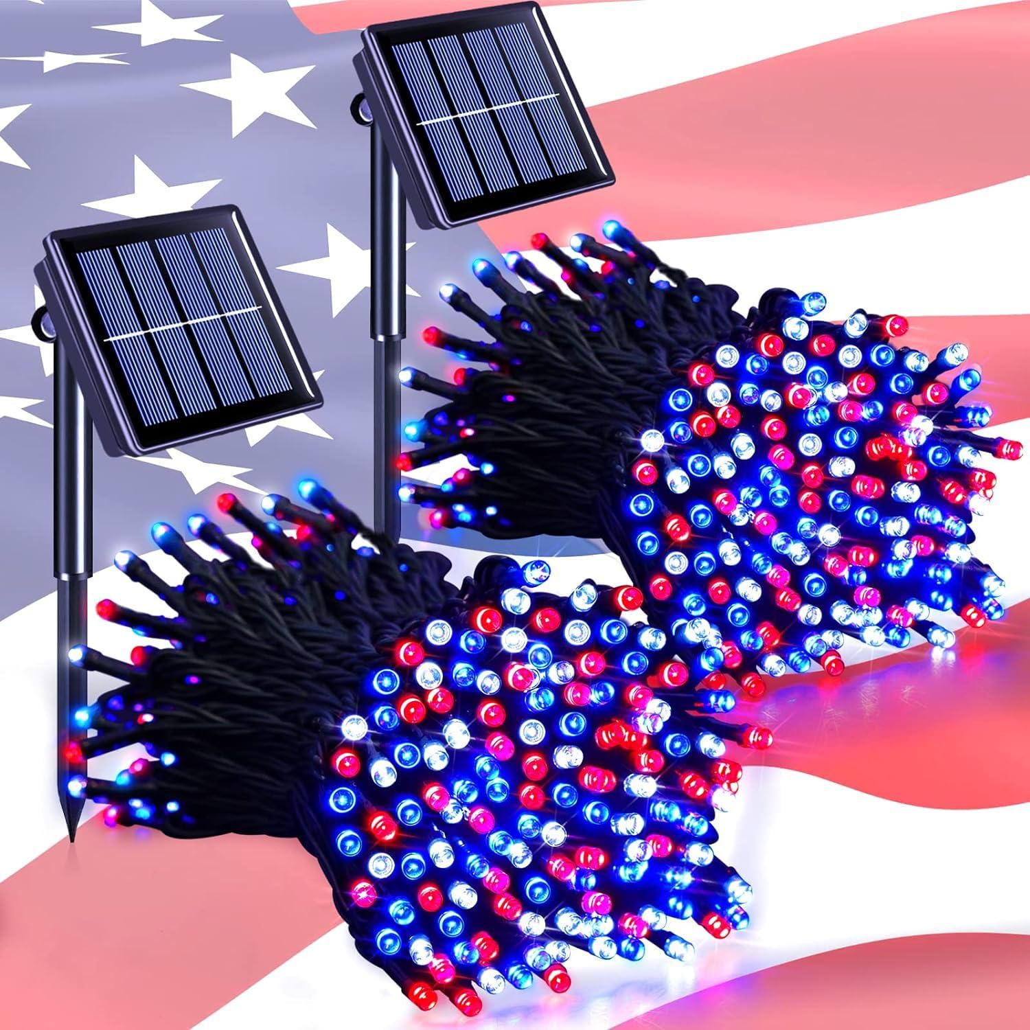 Actualización Solar String Lights, 52M 500LED Control Remoto de la cadena de luz al aire libre de 8 modos Waterproof Lights para la decoración de la boda del jardín de Navidad (Rojo + blanco + azul)