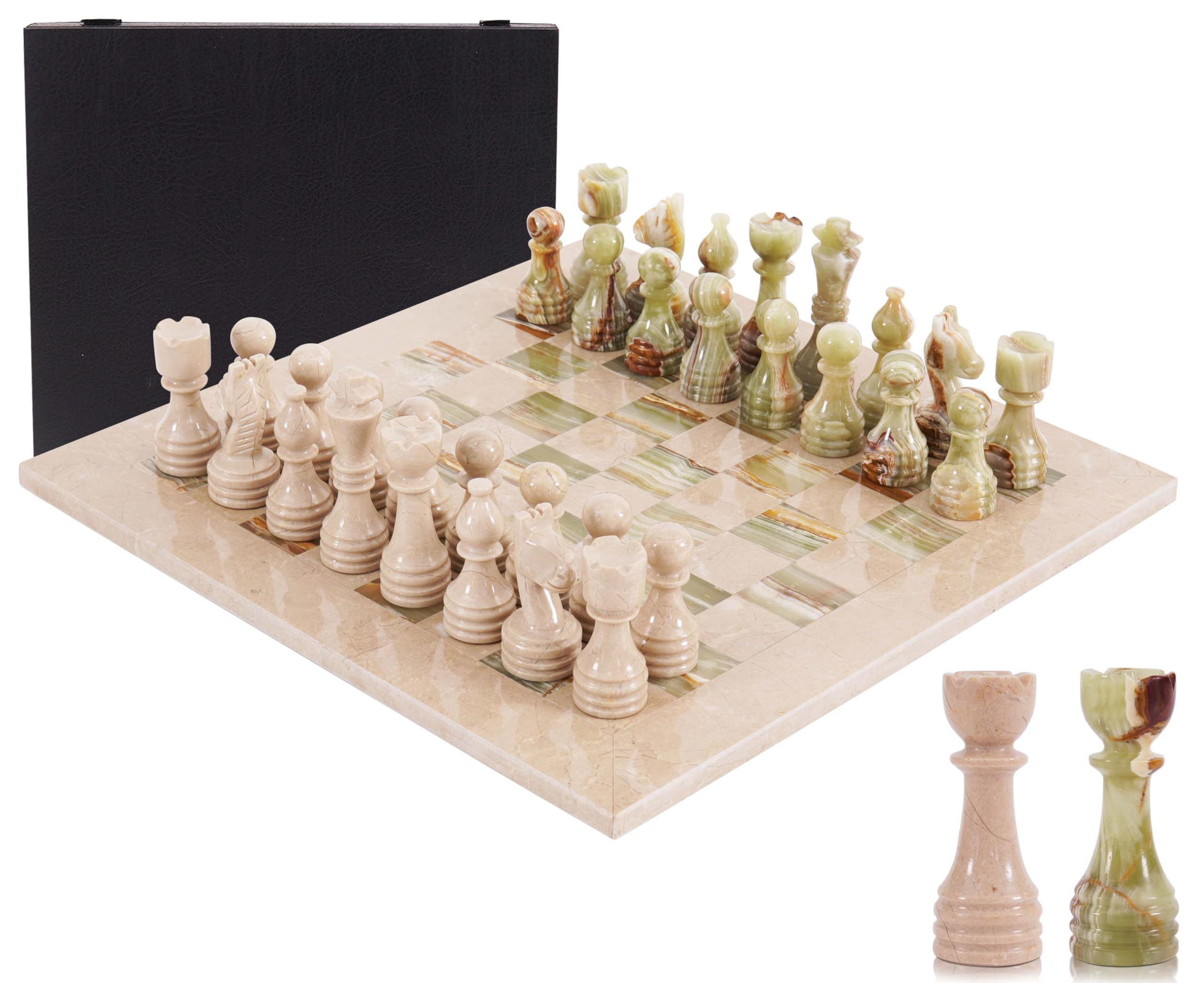 Marble Chess Set for Adults 15" Handmade Verona & Green Onyx Board Game with 32 Chess Pieces, 2 Extra Queens & Storage Box, Luxury Travel Game –