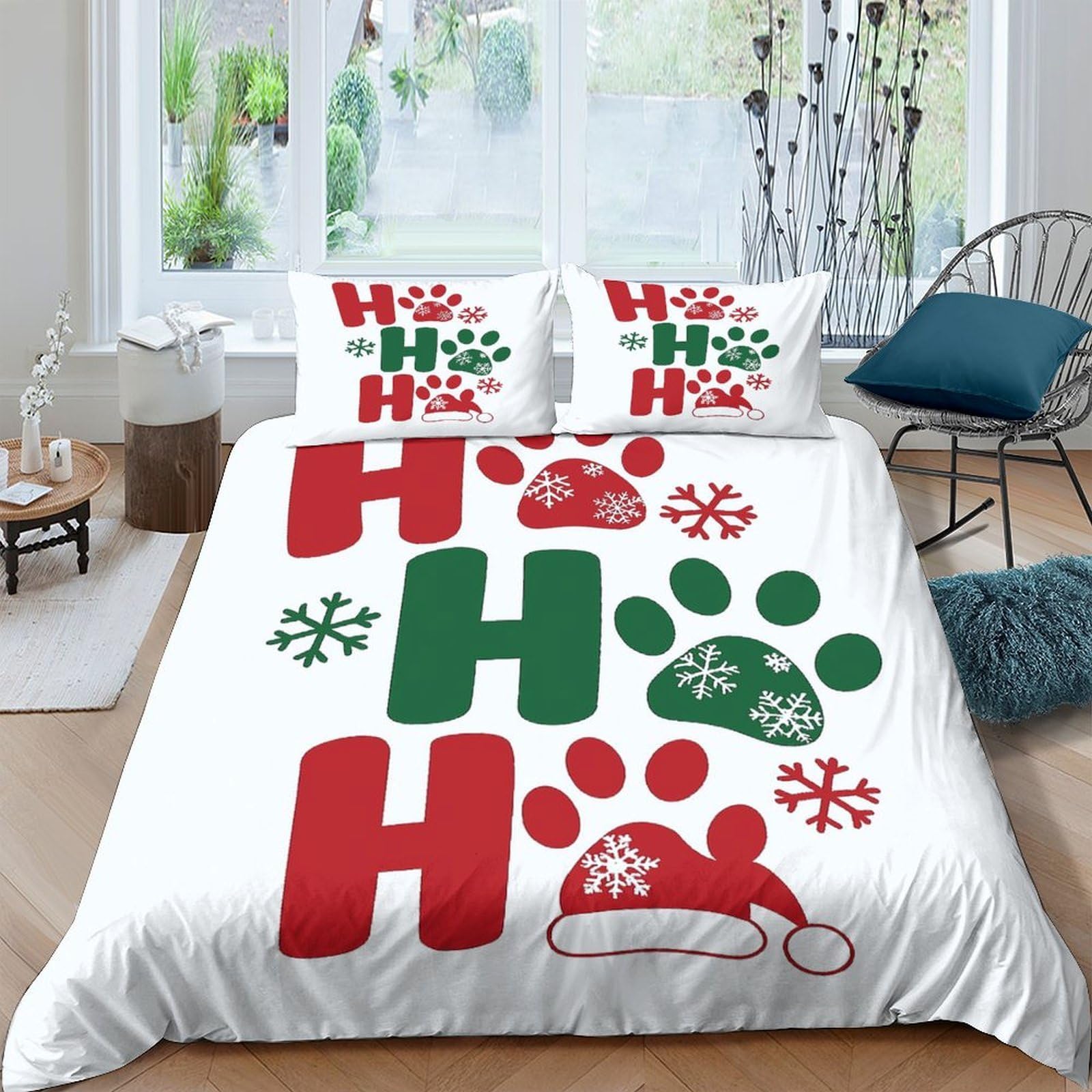 GPLZQXKJNH 3D Printed Christmas Paw Print Duvet Cover Microfiber Soft Red Green Snowflake Bedding Set with 2 Pillowcases for Bedroom Home Single（135x200cm）